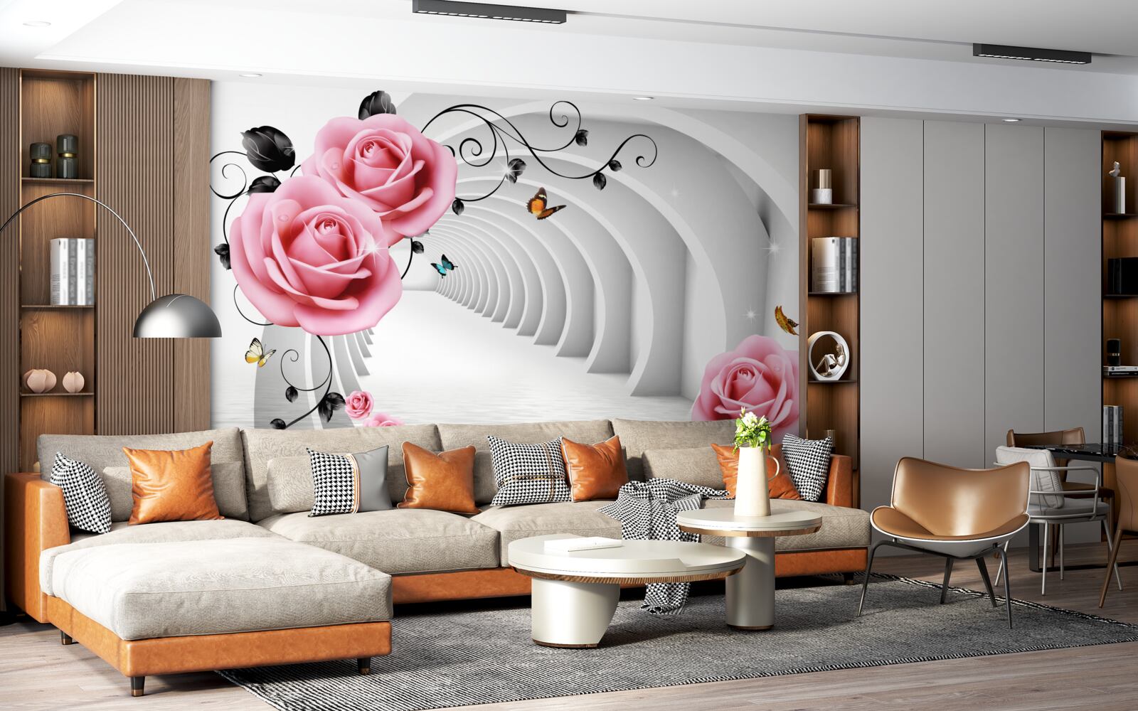 Papier peint passage incandescent continu et fleurs rosées