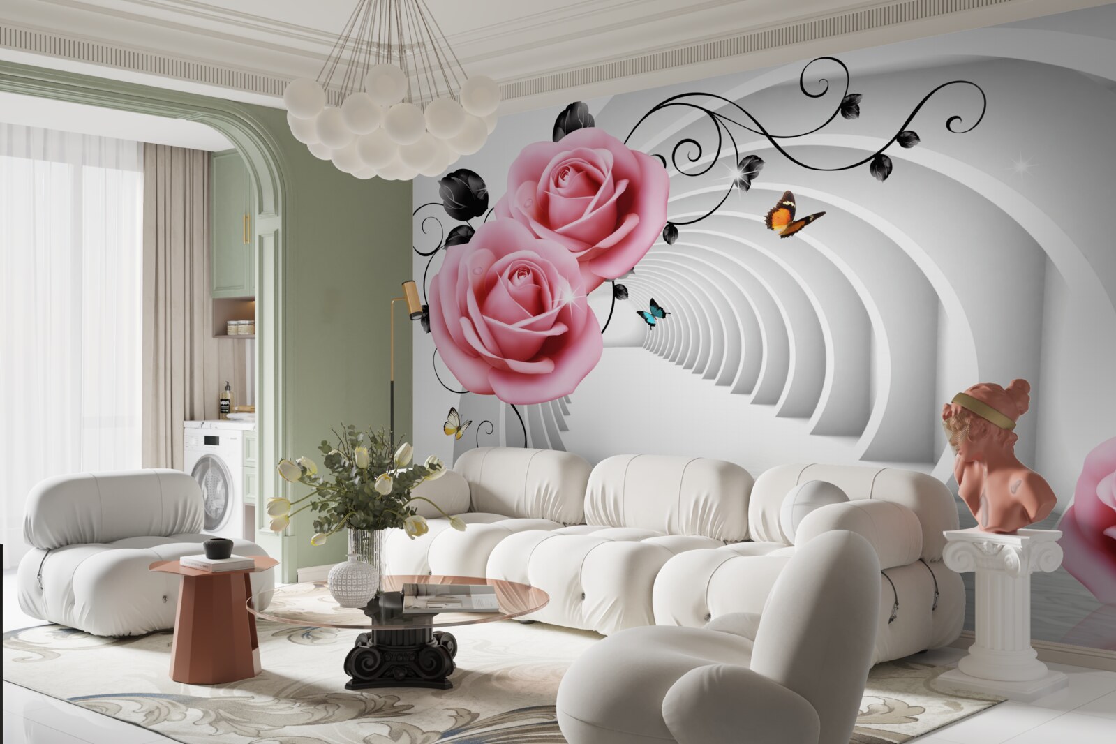 Papier peint passage incandescent continu et fleurs rosées