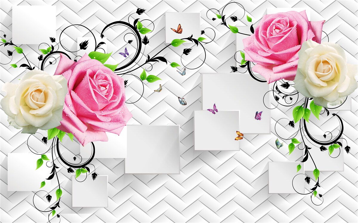 Papier peint roses blanches et roses sur fond abstrait