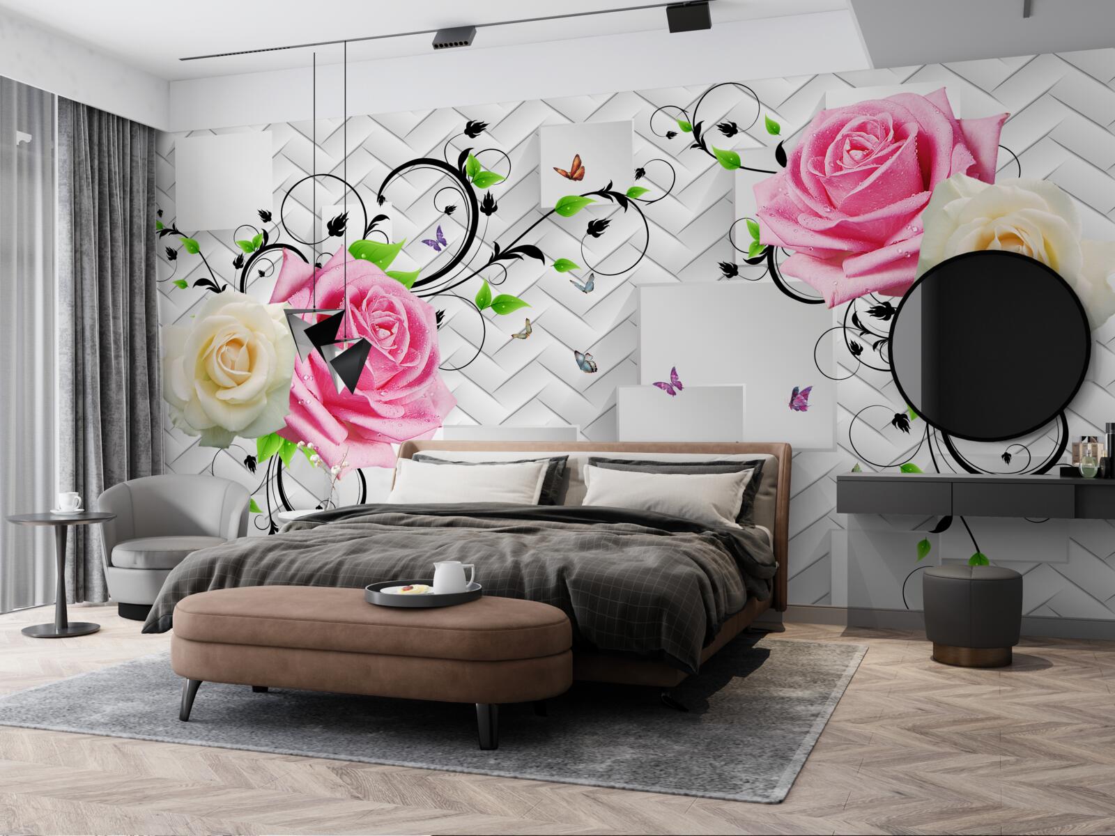 Papier peint roses blanches et roses sur fond abstrait