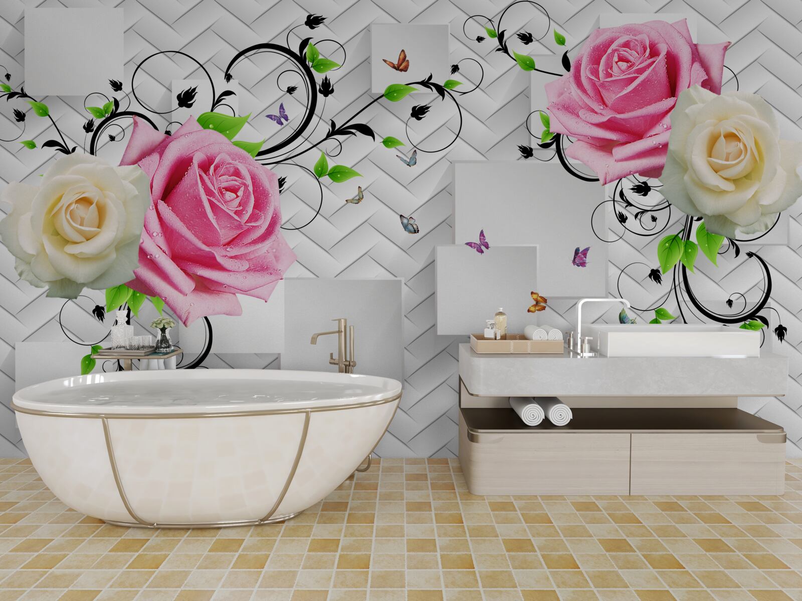 Papier peint roses blanches et roses sur fond abstrait