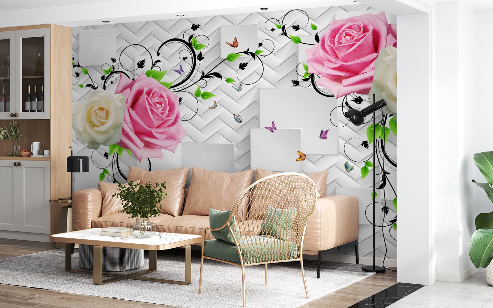 Papier peint roses blanches et roses sur fond abstrait