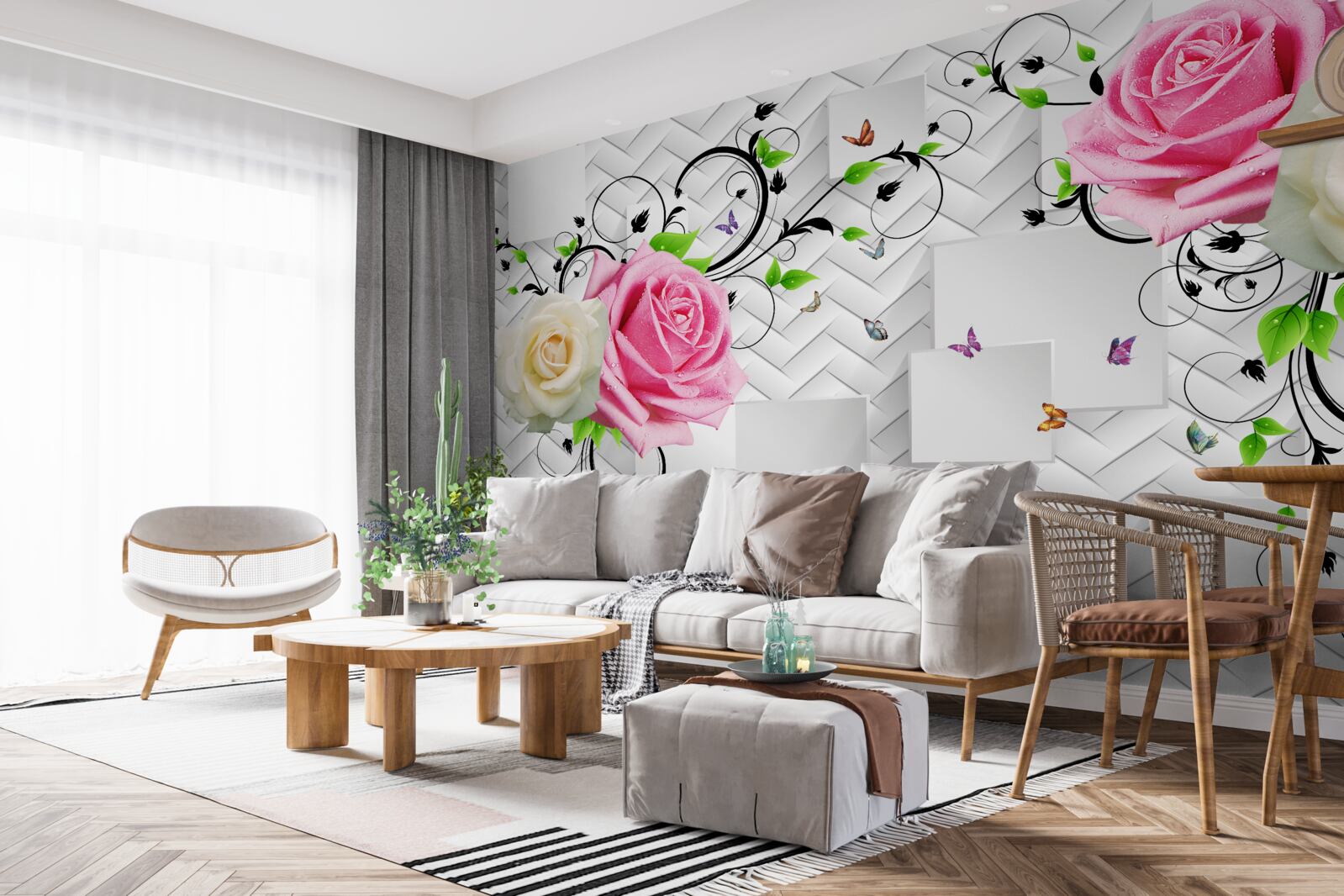 Papier peint roses blanches et roses sur fond abstrait