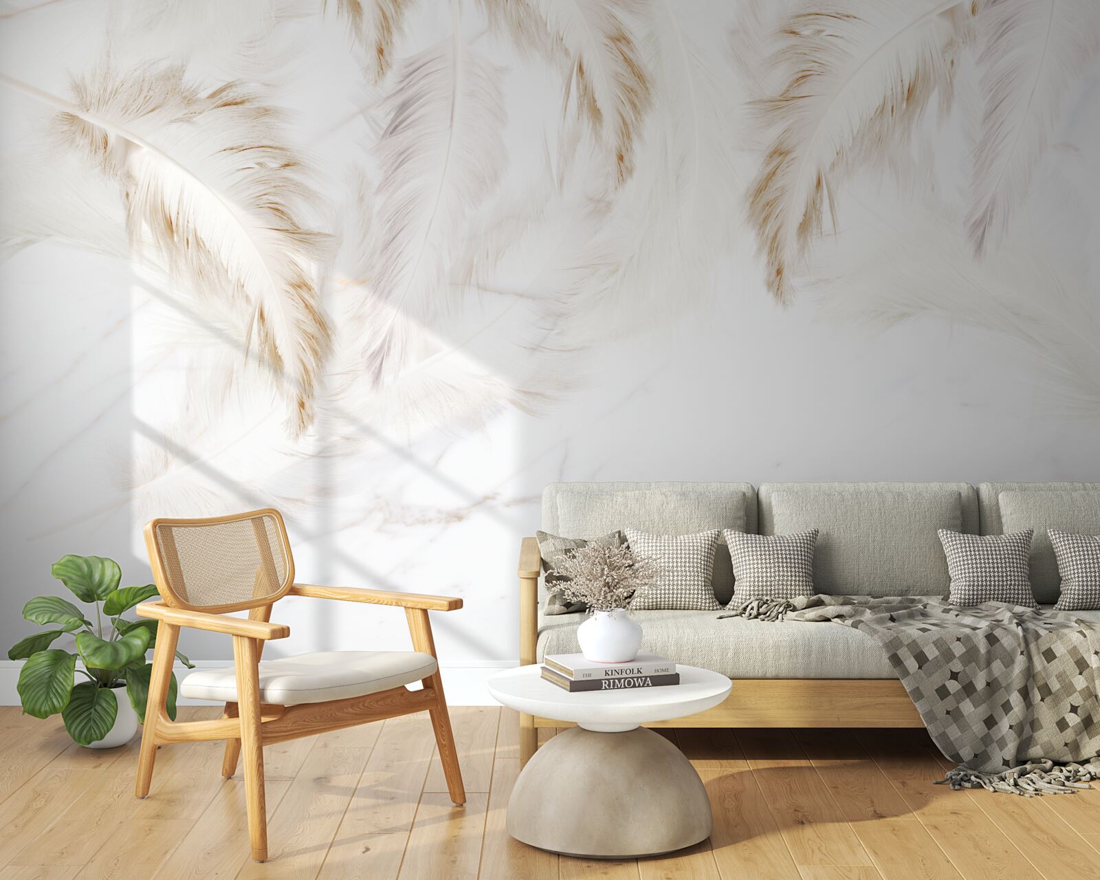 Papier peint fond clair avec des sections de plumes d'or