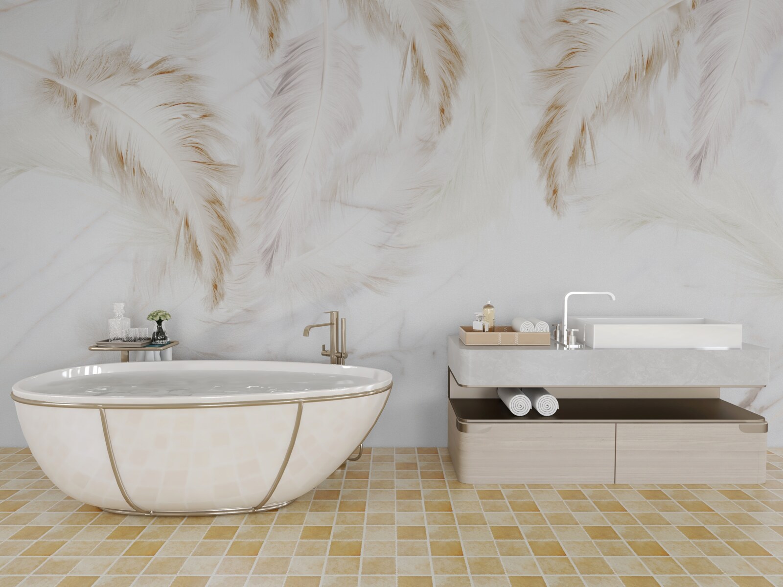 Papier peint fond clair avec des sections de plumes d'or