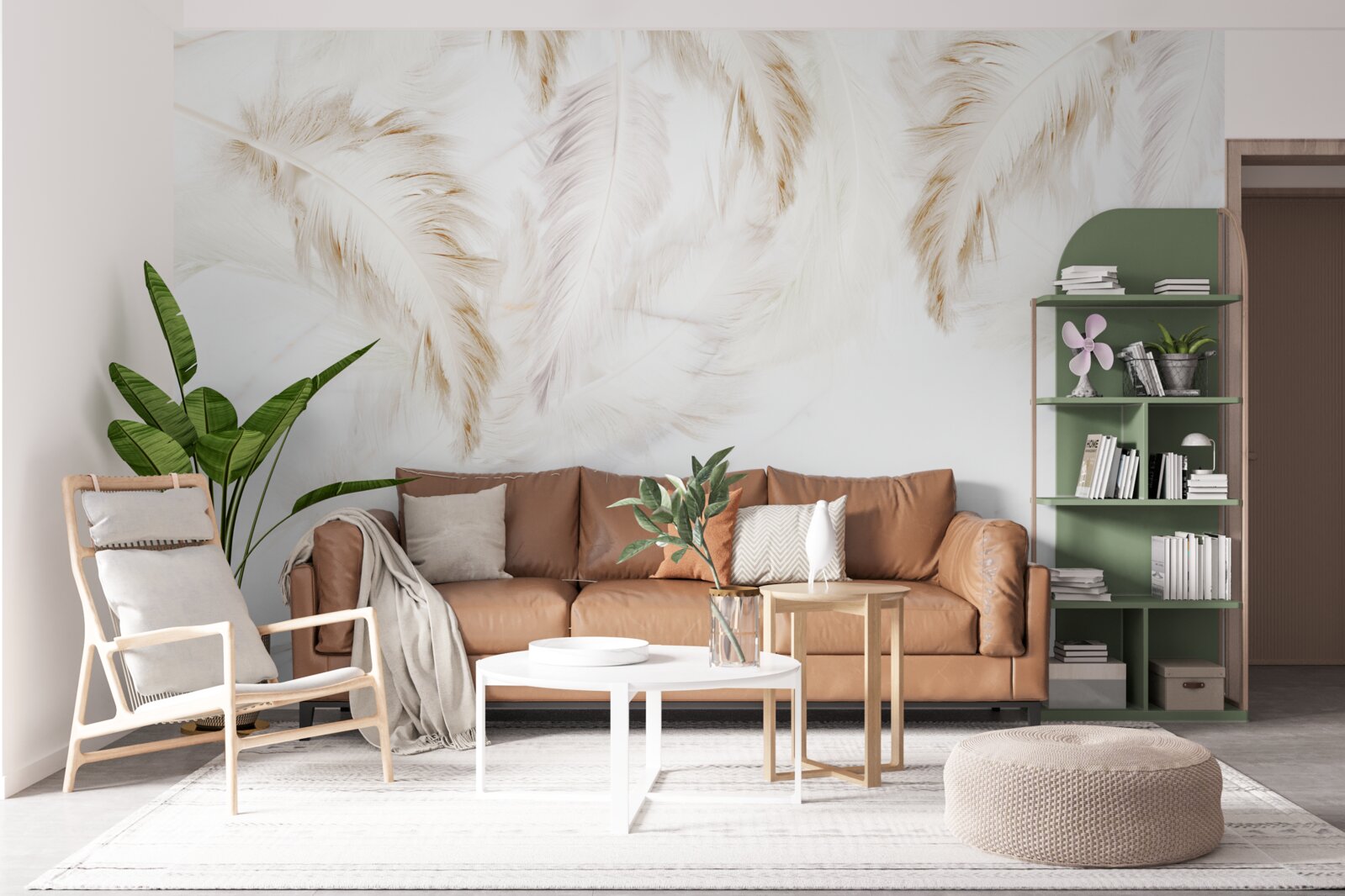 Papier peint fond clair avec des sections de plumes d'or