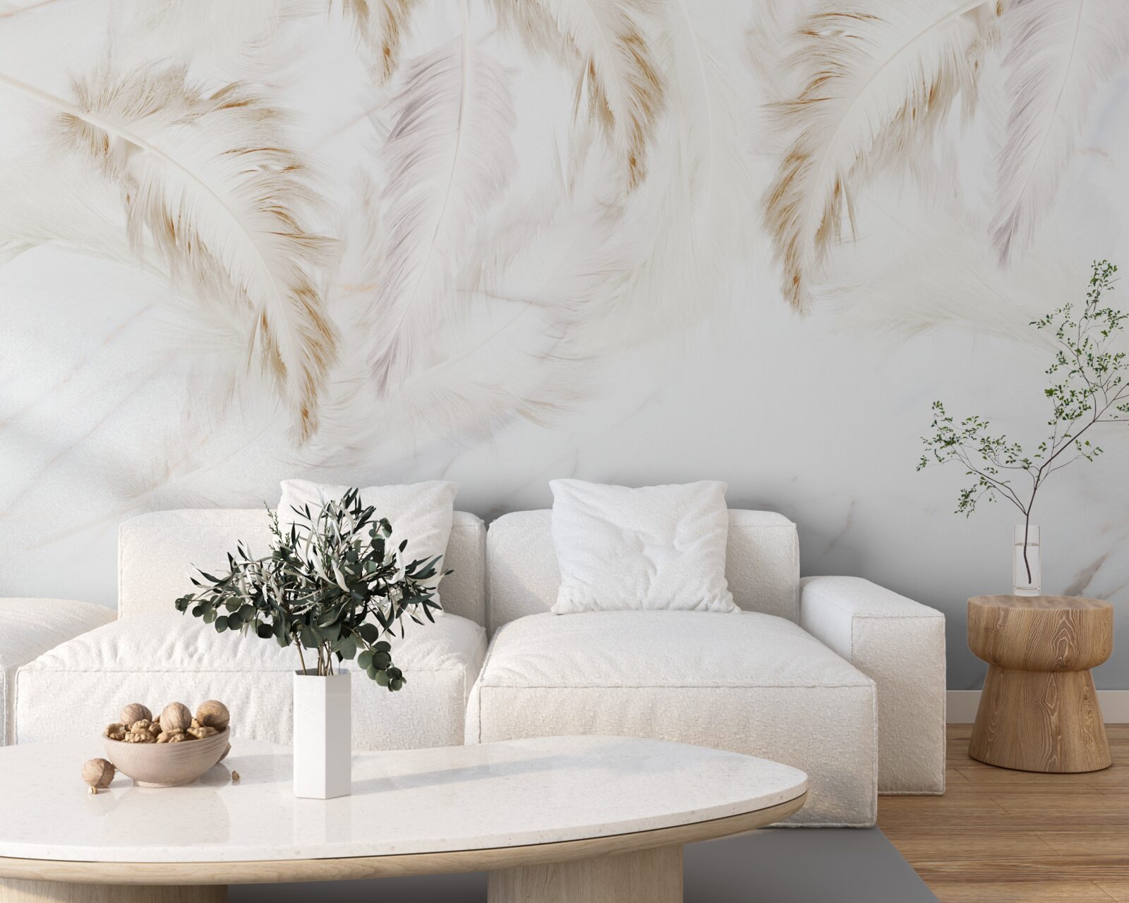 Papier peint fond clair avec des sections de plumes d'or