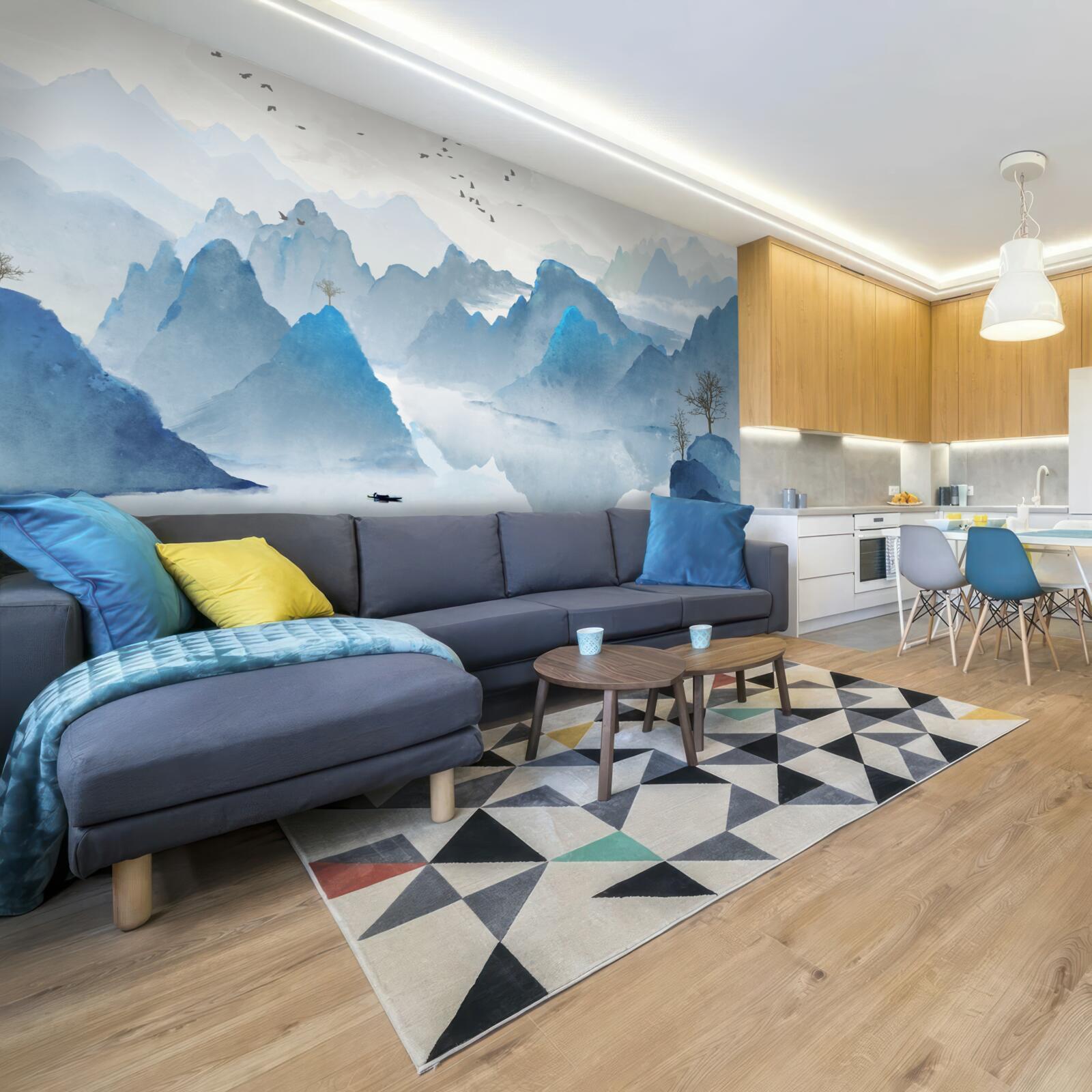 Papier peint pêcheur sur une rivière de montagne calme