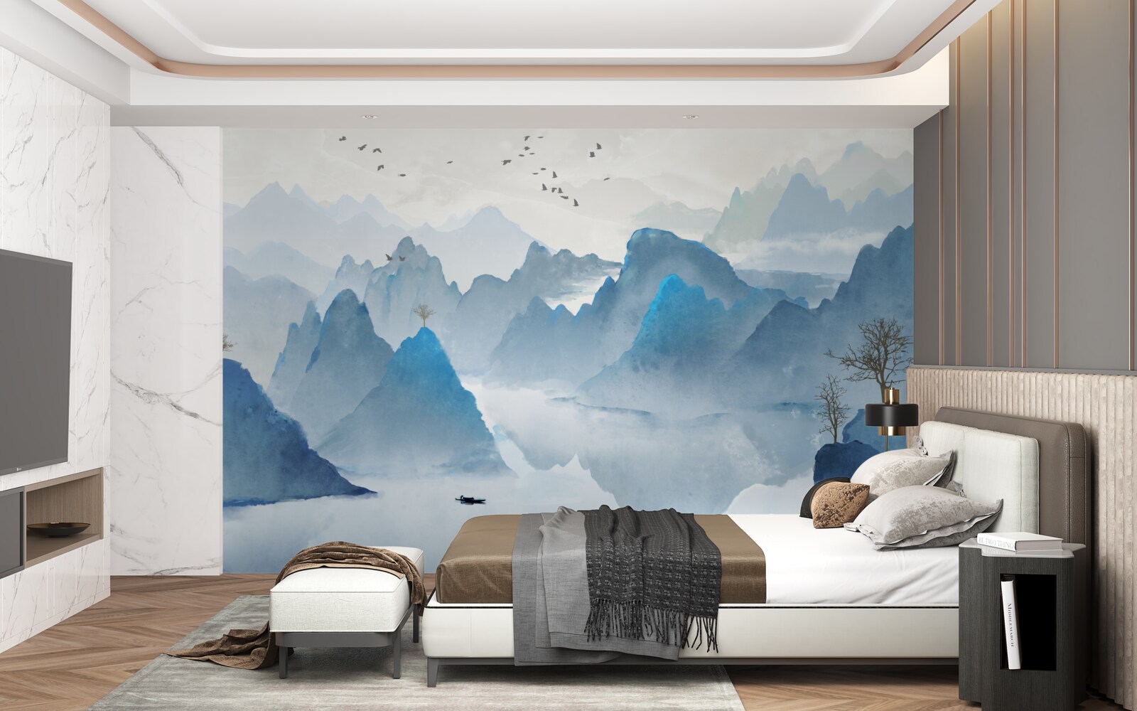 Papier peint pêcheur sur une rivière de montagne calme