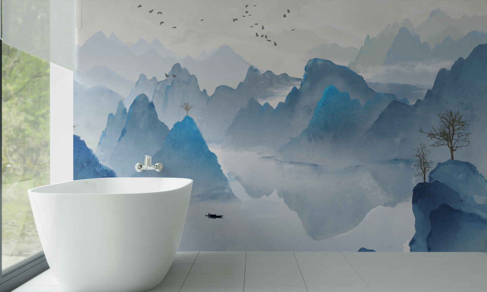 Papier peint pêcheur sur une rivière de montagne calme