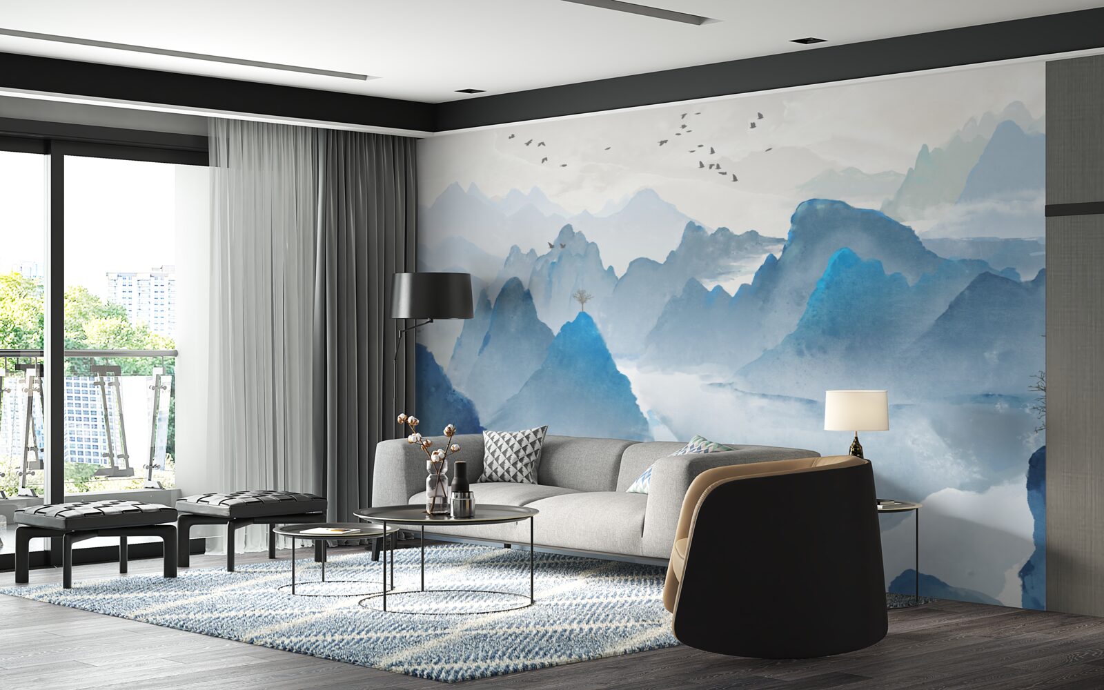 Papier peint pêcheur sur une rivière de montagne calme