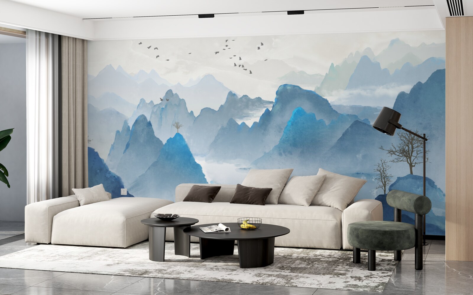 Papier peint pêcheur sur une rivière de montagne calme