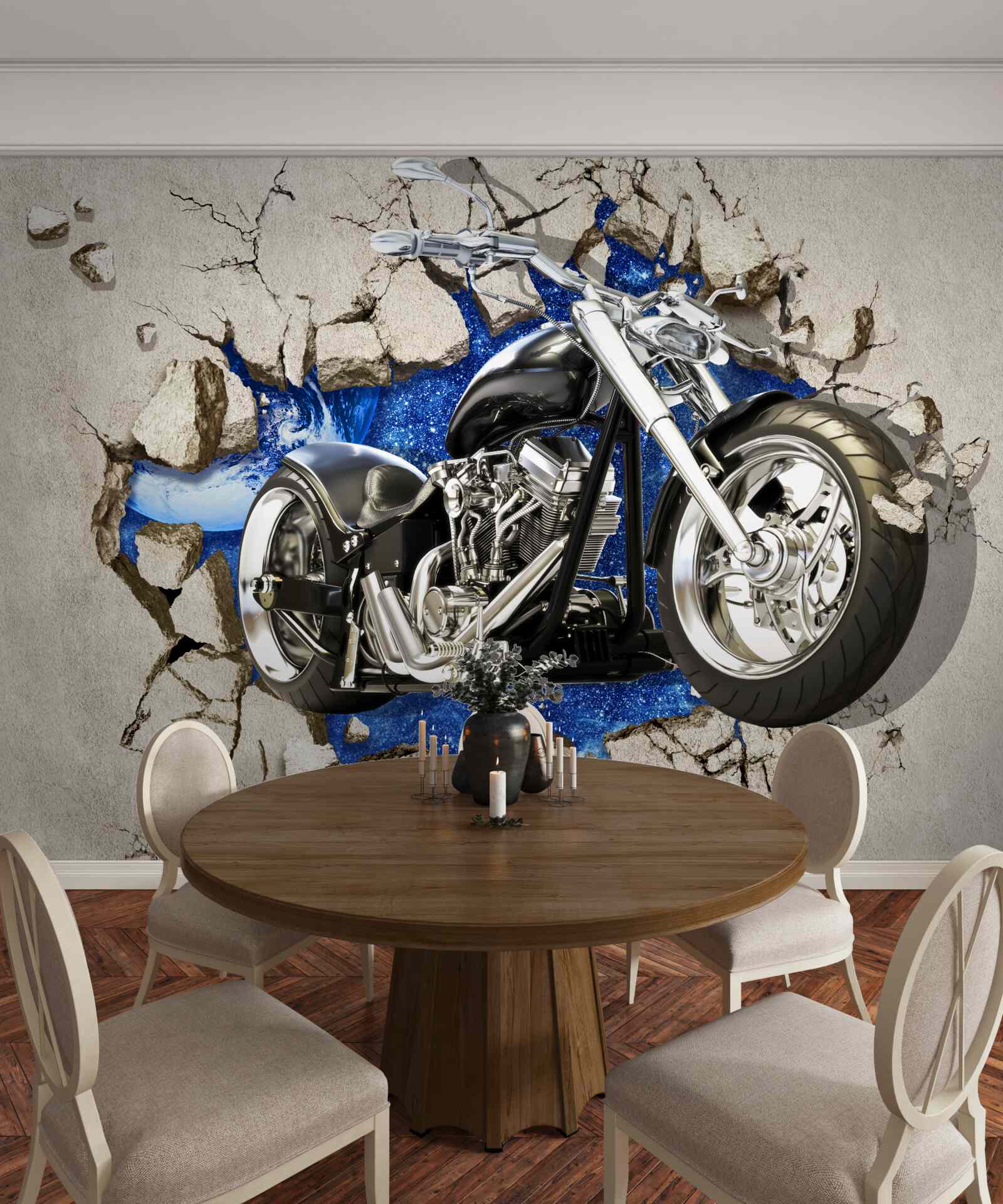 Papier peint moto noire représentée sur un mur