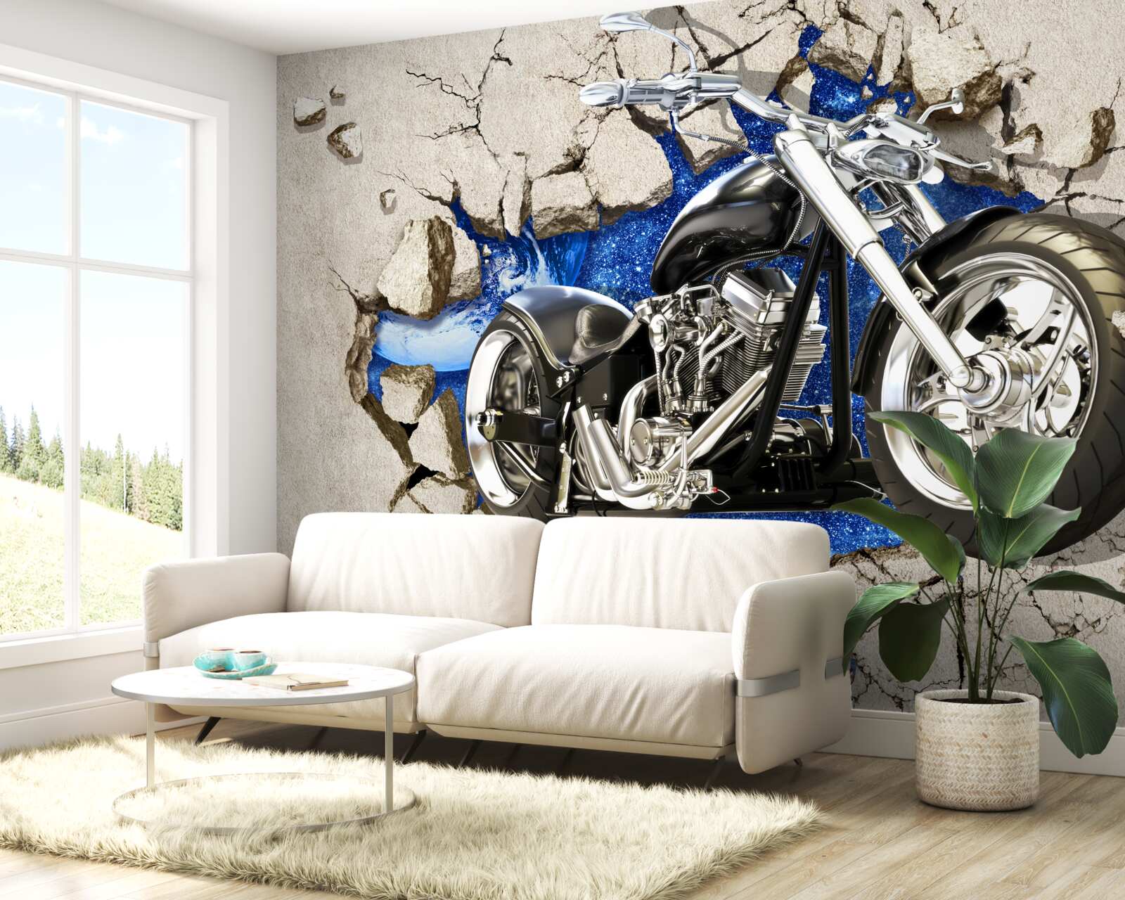 Papier peint moto noire représentée sur un mur