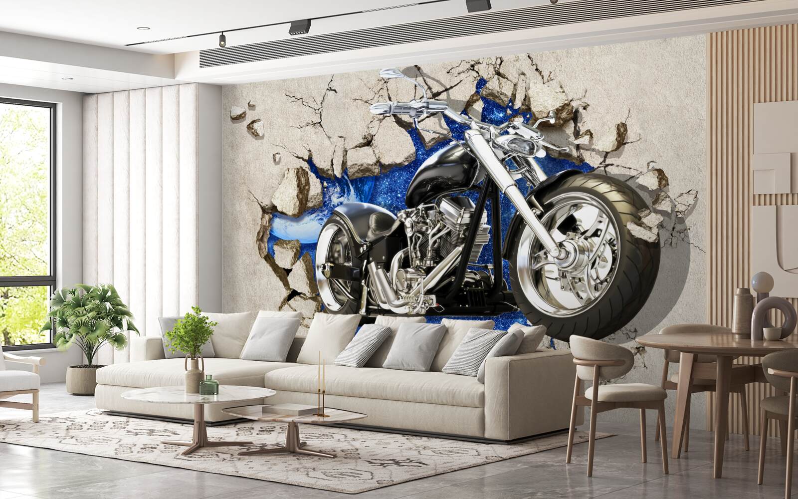 Papier peint moto noire représentée sur un mur