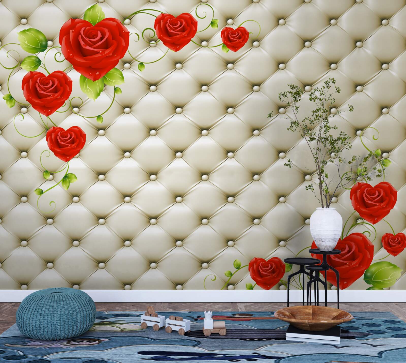 Papier peint texture de tissu avec éléments décoratifs et roses rouges