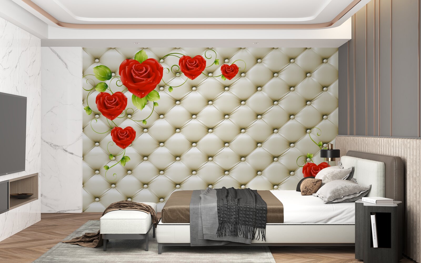 Papier peint texture de tissu avec éléments décoratifs et roses rouges