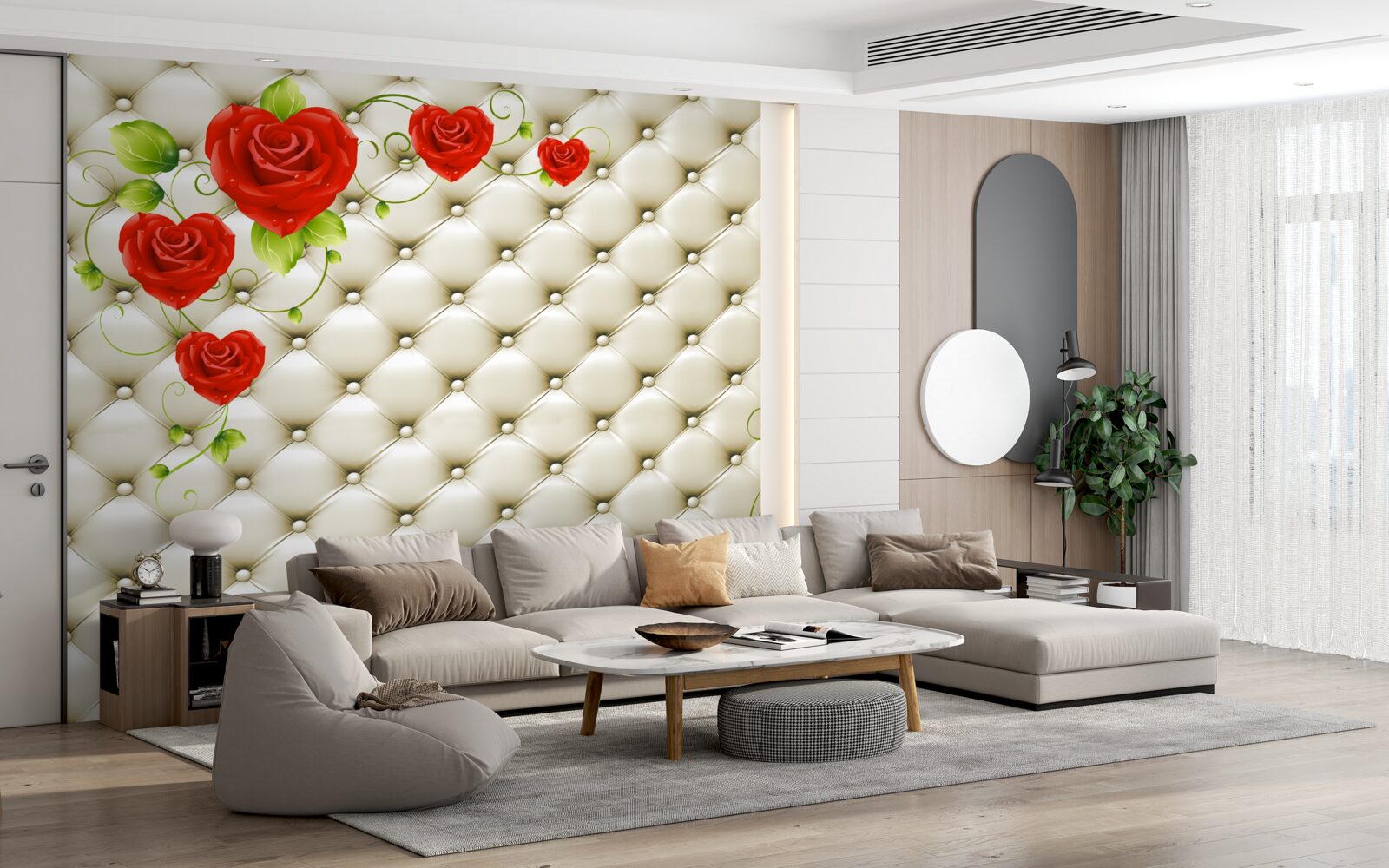 Papier peint texture de tissu avec éléments décoratifs et roses rouges