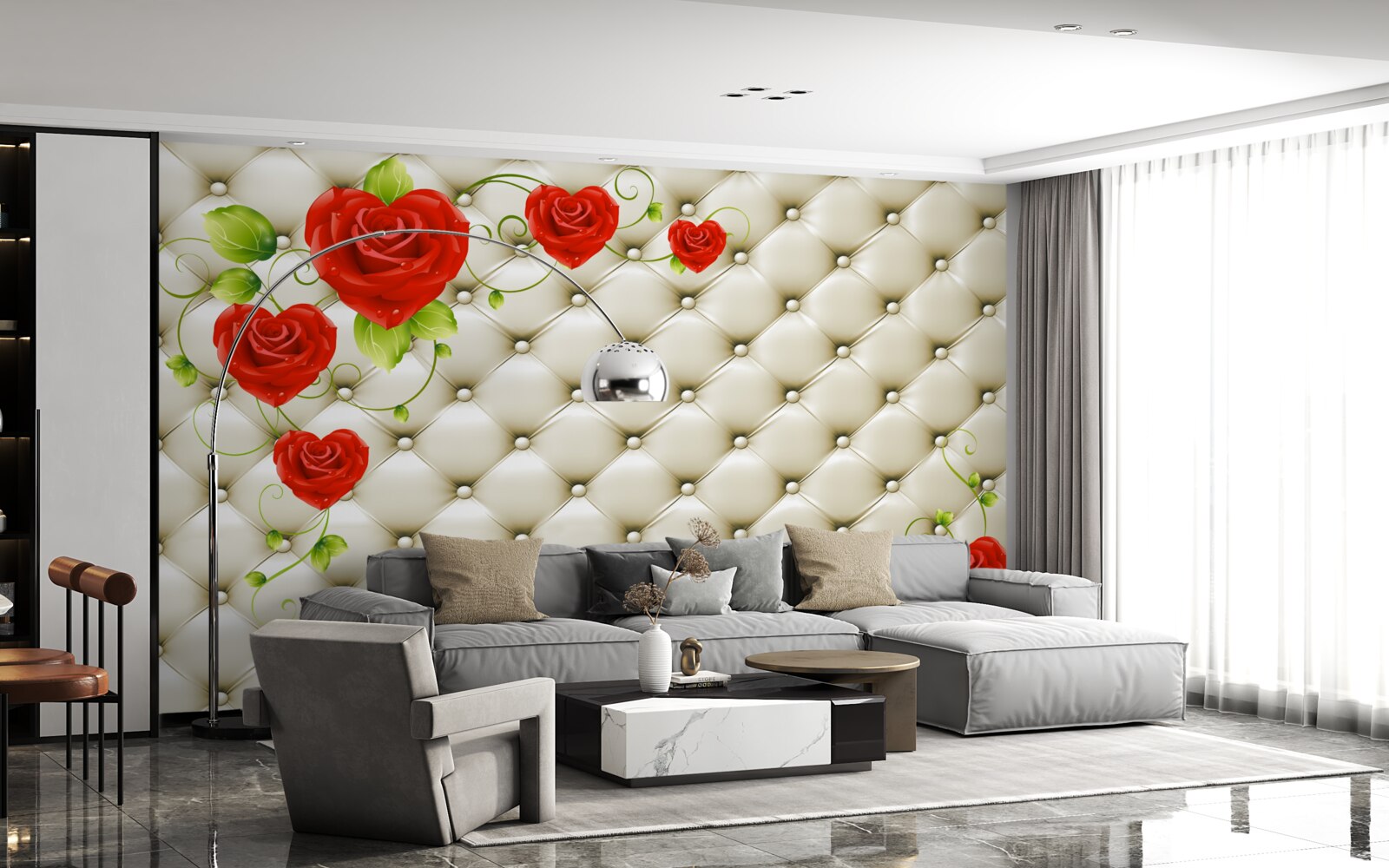 Papier peint texture de tissu avec éléments décoratifs et roses rouges