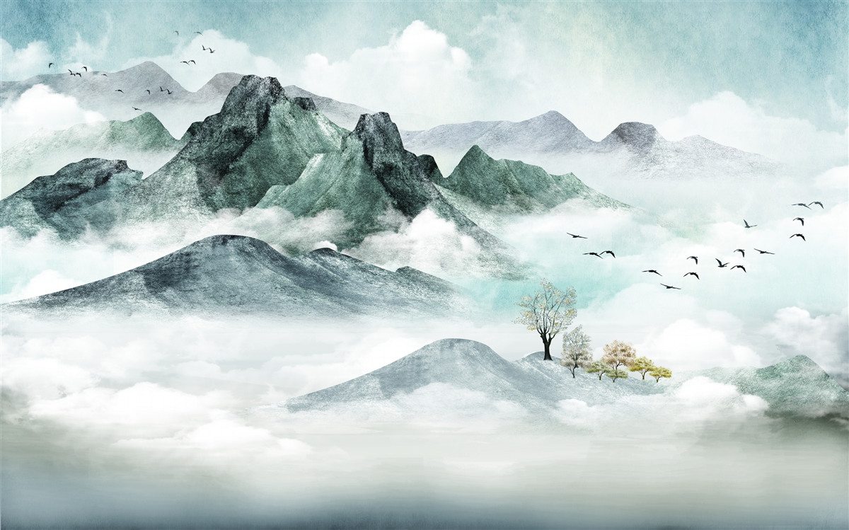 Papier peint paysage de montagnes rocheuses entourées de brouillard