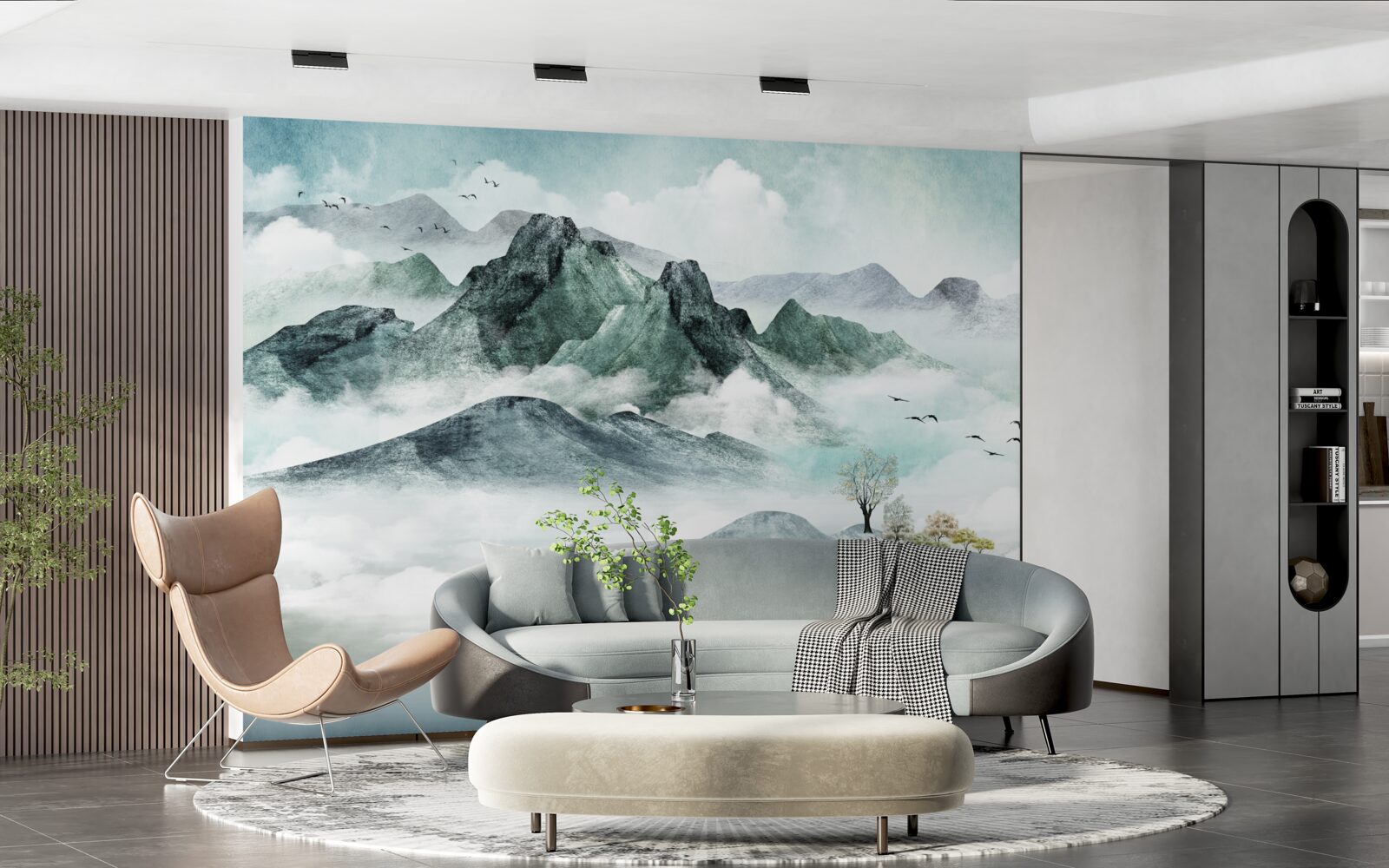 Papier peint paysage de montagnes rocheuses entourées de brouillard