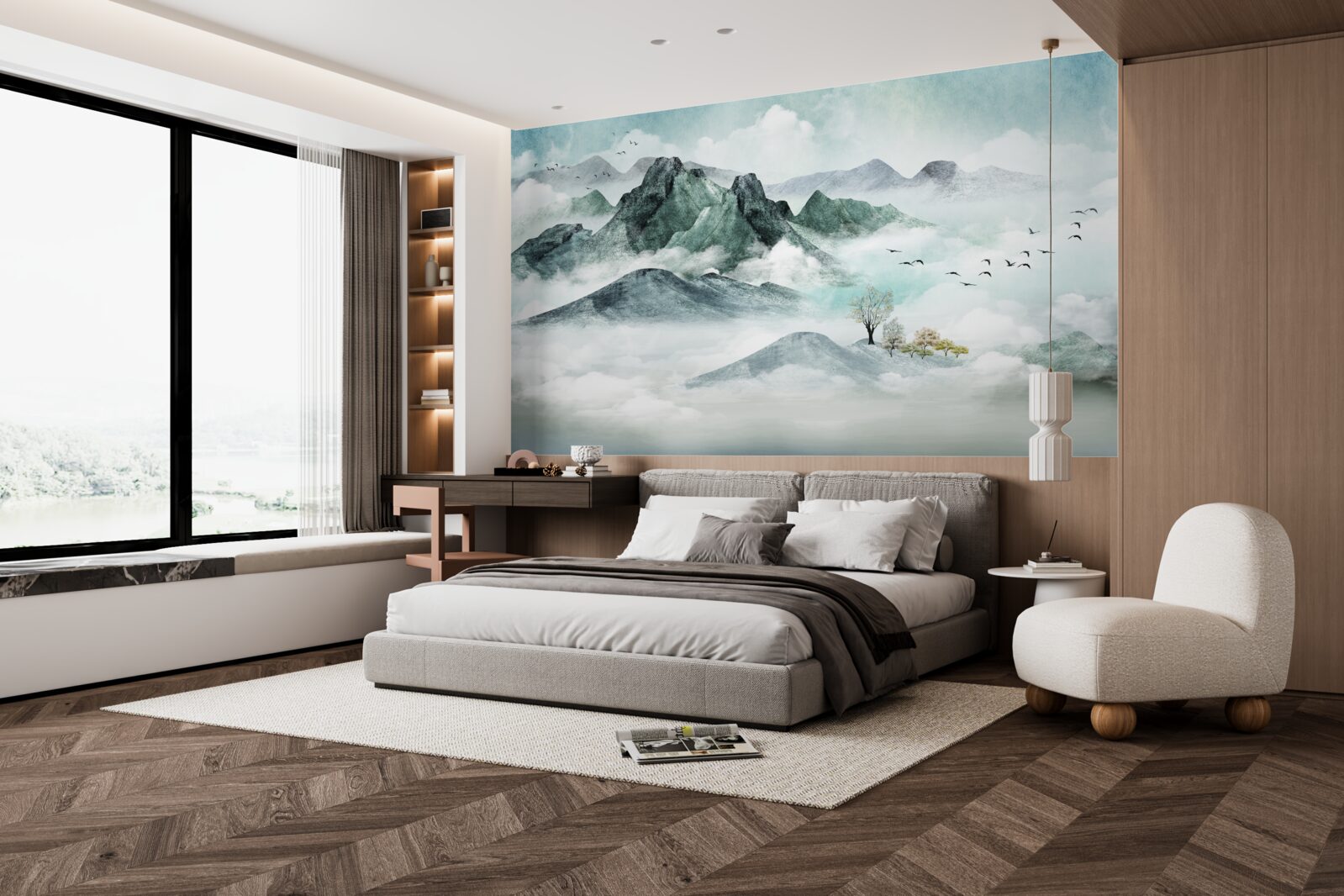 Papier peint paysage de montagnes rocheuses entourées de brouillard