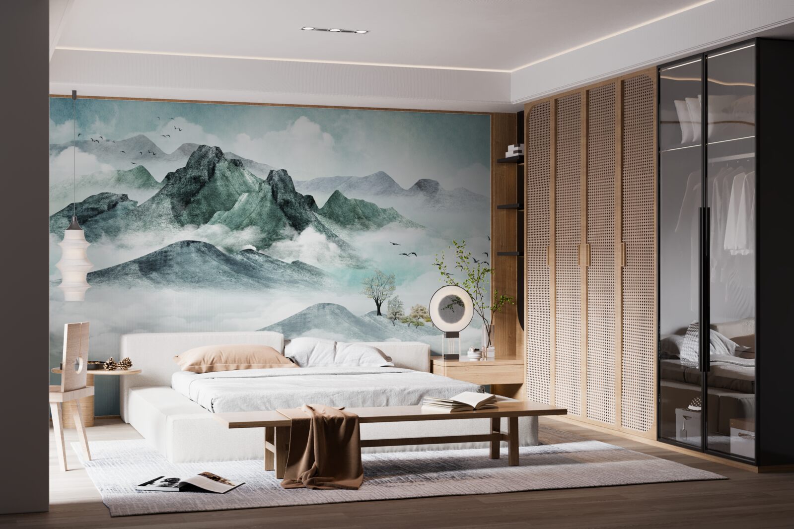 Papier peint paysage de montagnes rocheuses entourées de brouillard