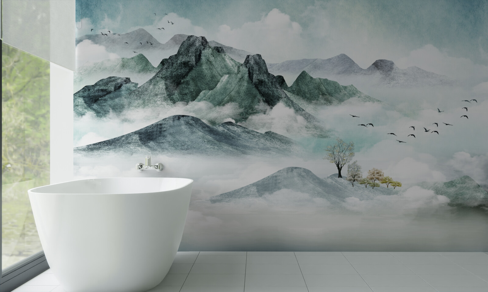 Papier peint paysage de montagnes rocheuses entourées de brouillard