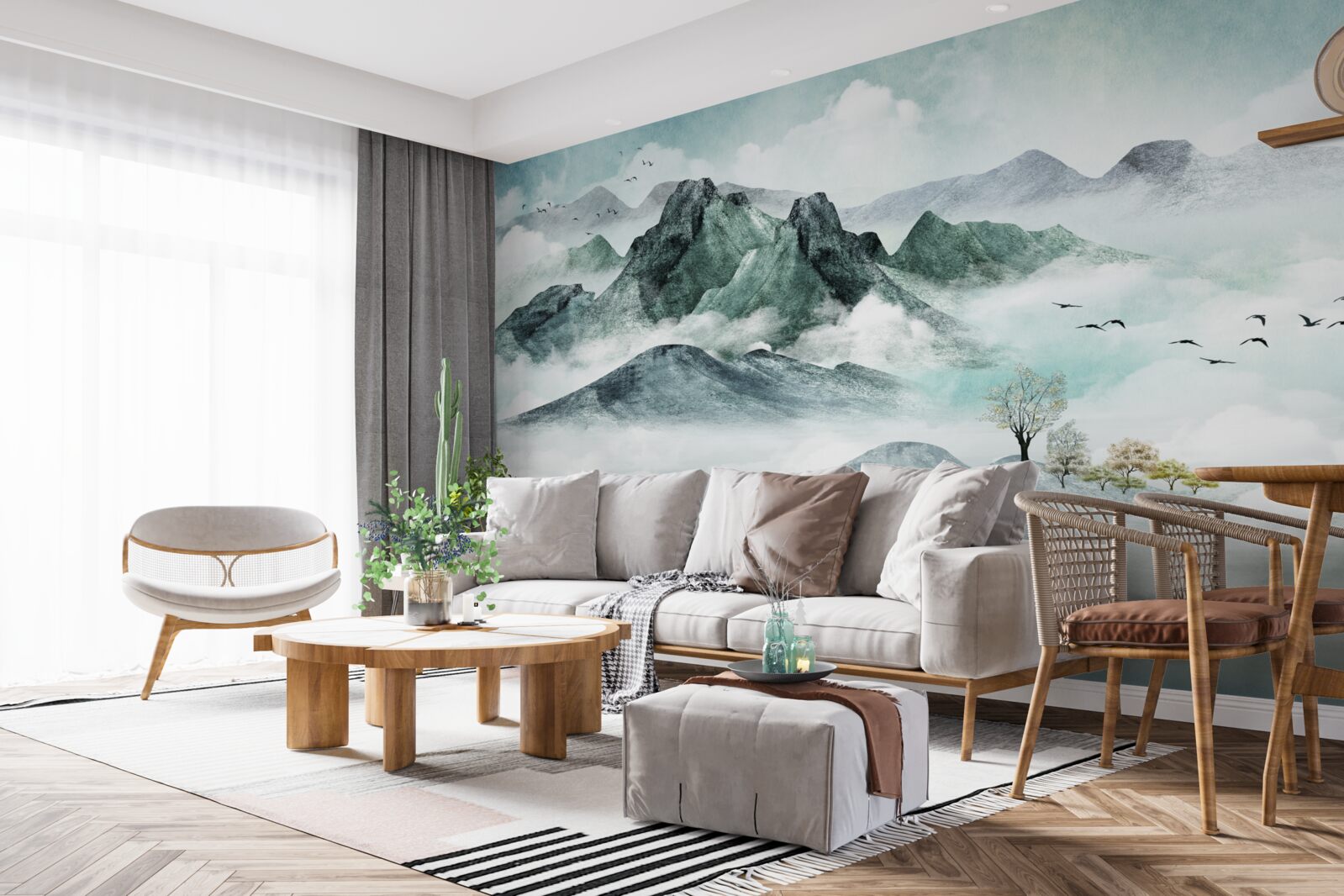 Papier peint paysage de montagnes rocheuses entourées de brouillard