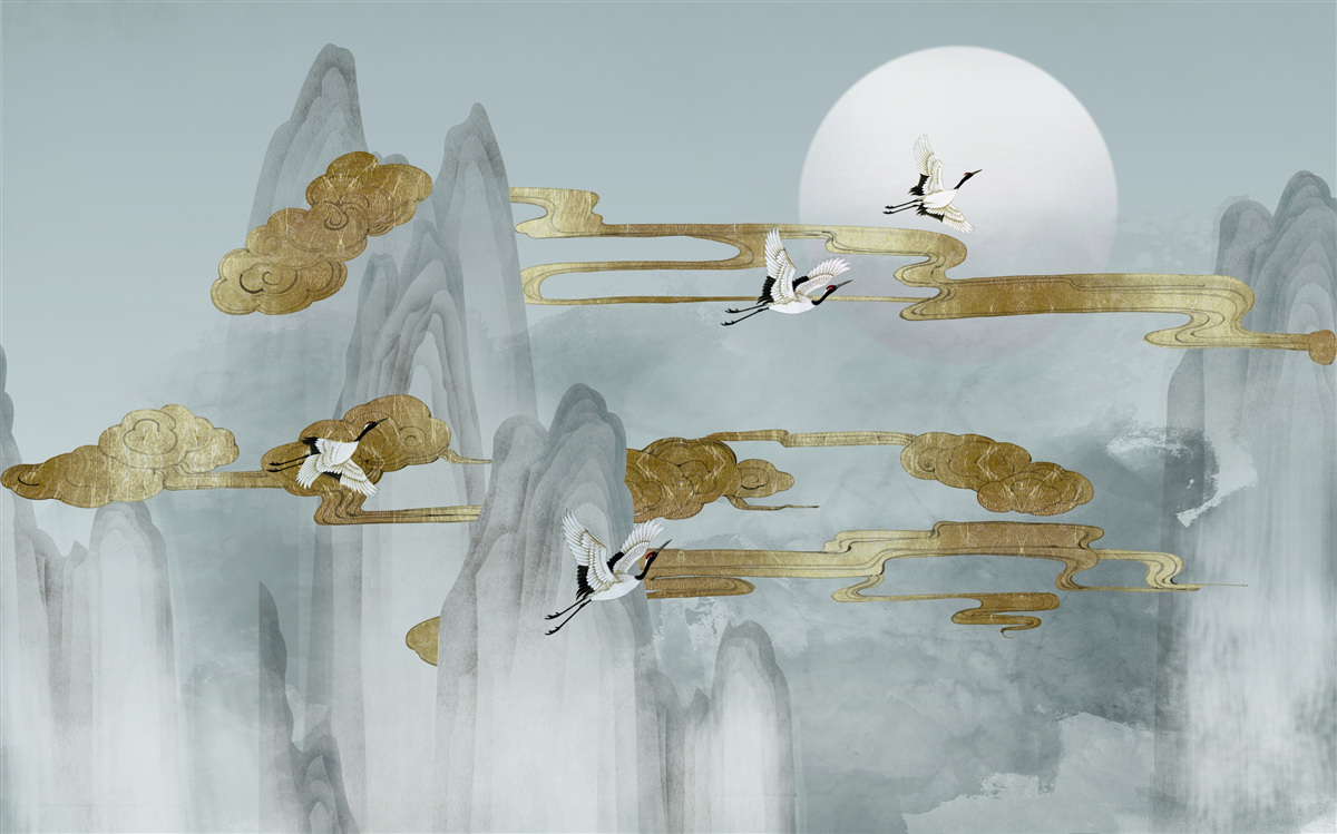 Papier peint Les grues passent à côté des sommets gris