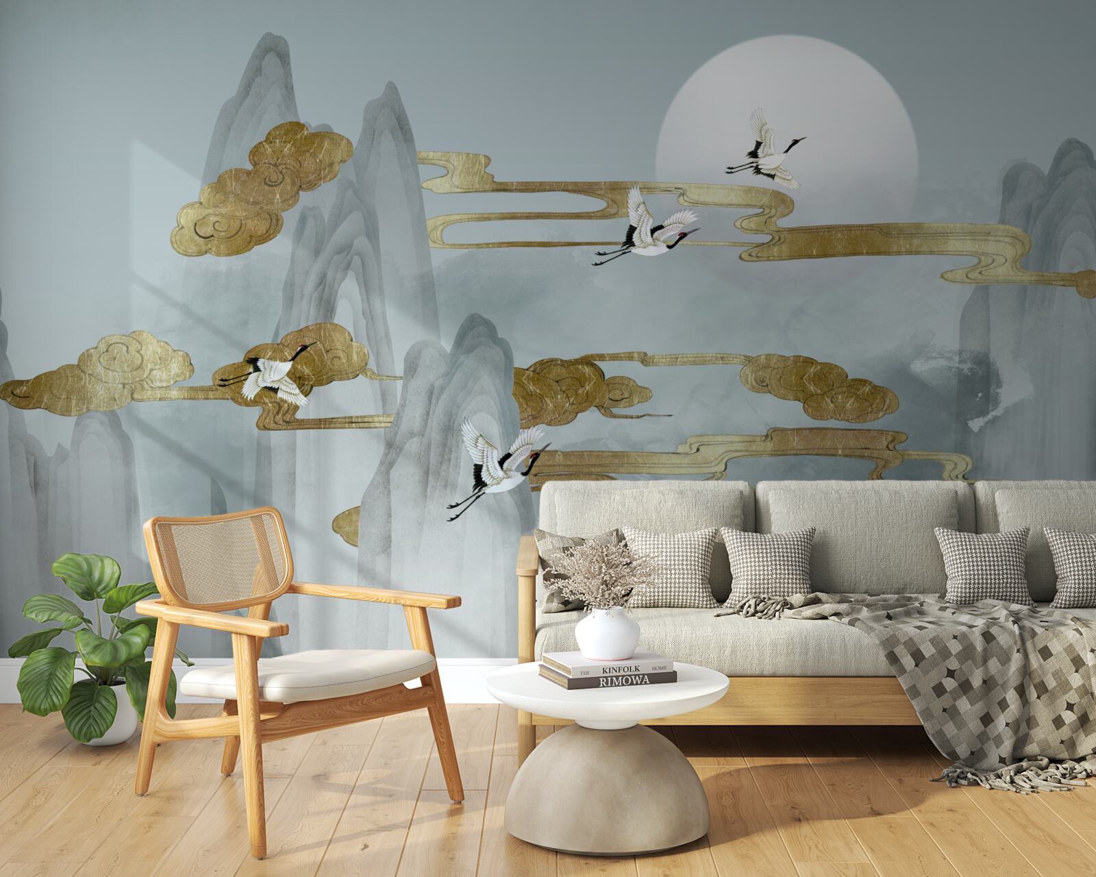 Papier peint Les grues passent à côté des sommets gris