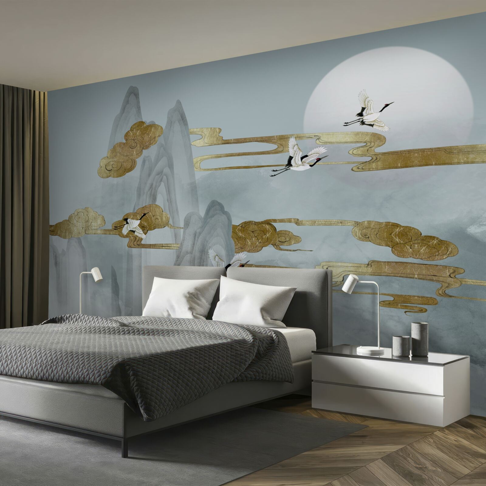 Papier peint Les grues passent à côté des sommets gris