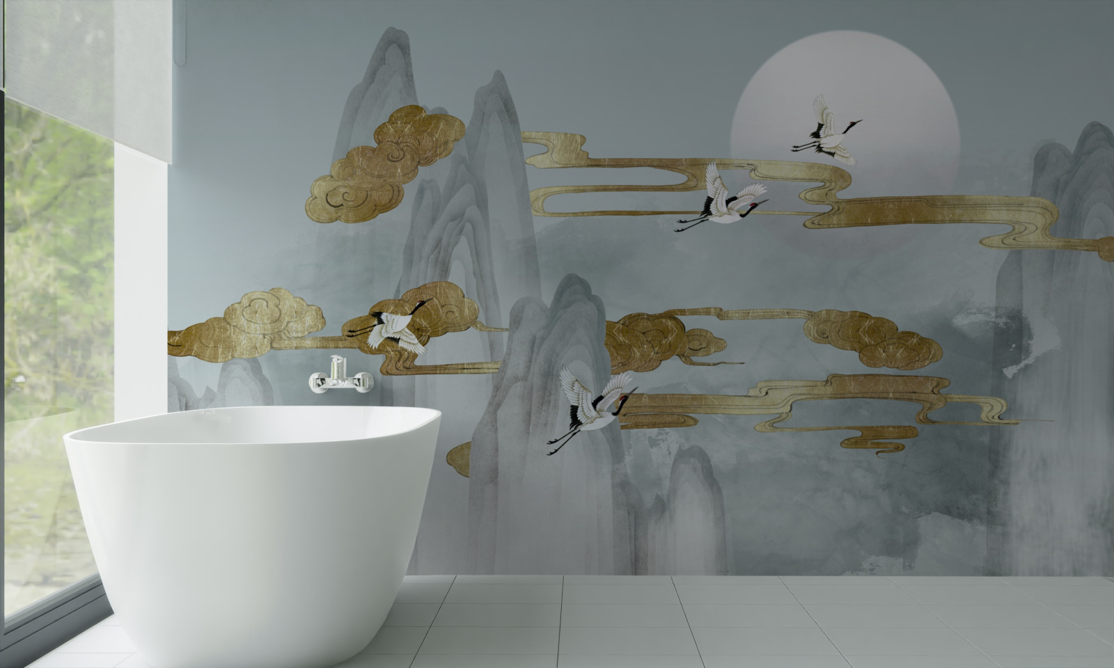 Papier peint Les grues passent à côté des sommets gris