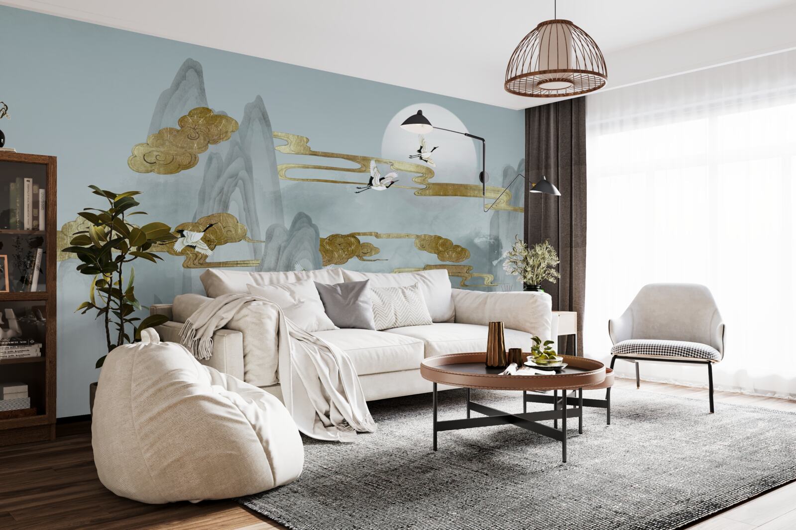 Papier peint Les grues passent à côté des sommets gris