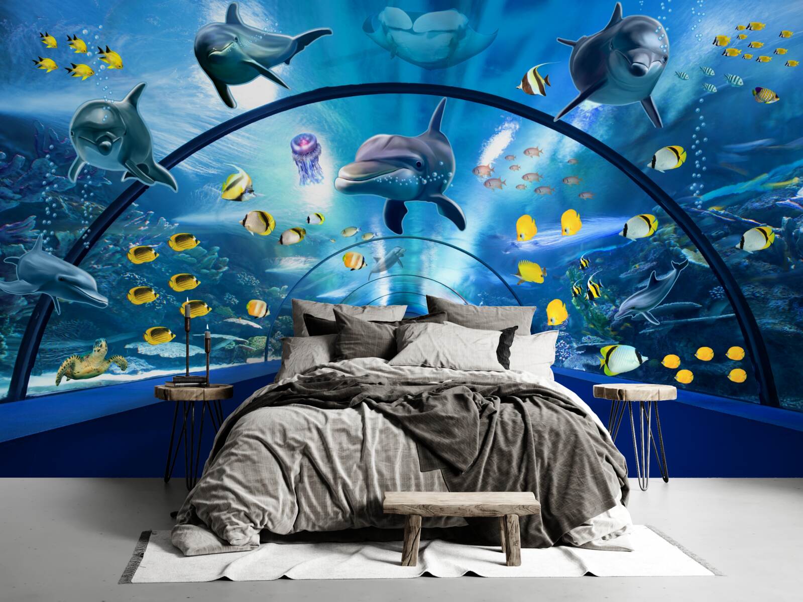 Papier peint il y a des dauphins et des poissons dans l'aquarium