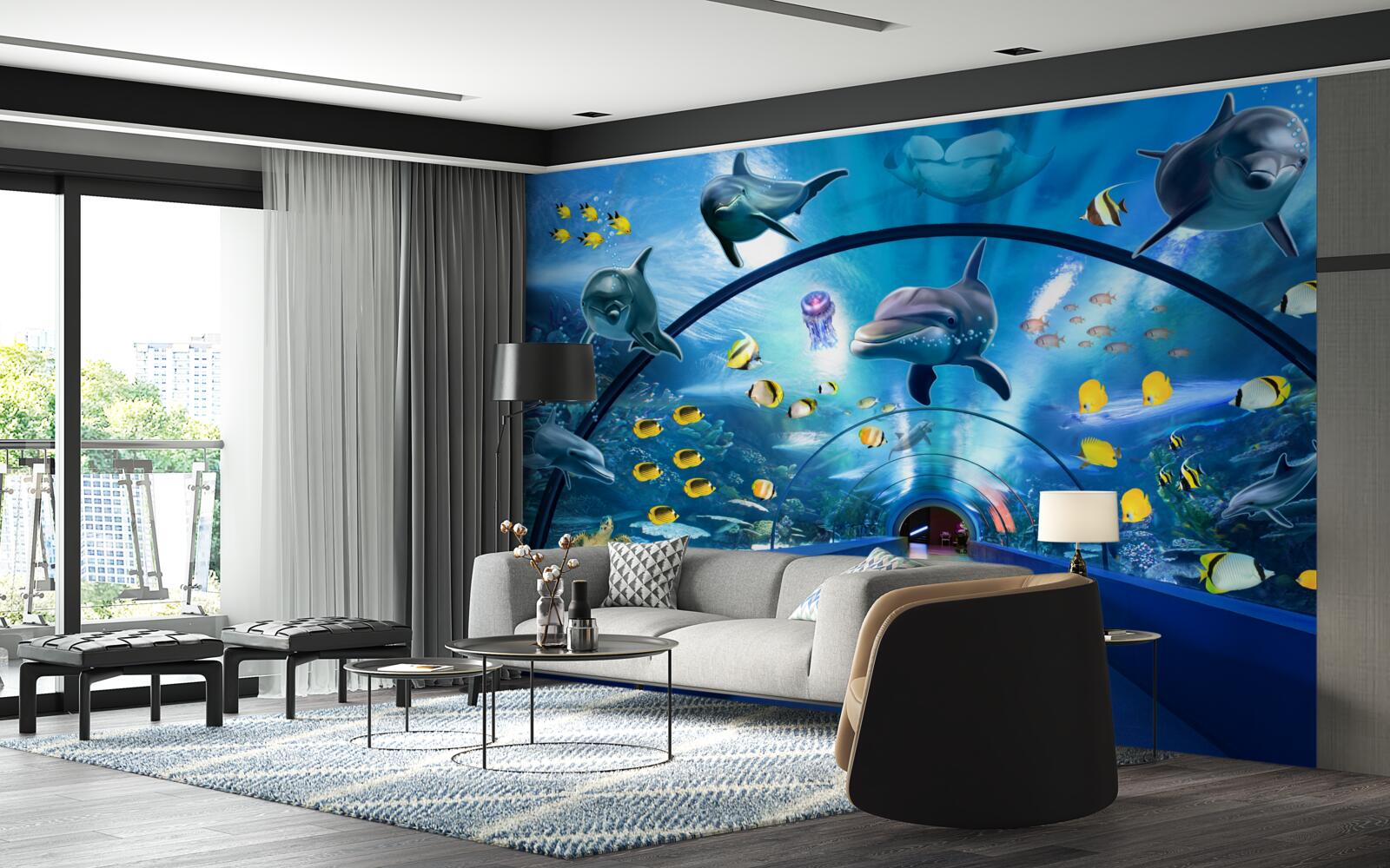 Papier peint il y a des dauphins et des poissons dans l'aquarium