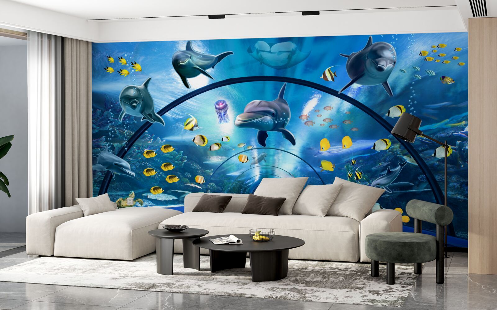 Papier peint il y a des dauphins et des poissons dans l'aquarium