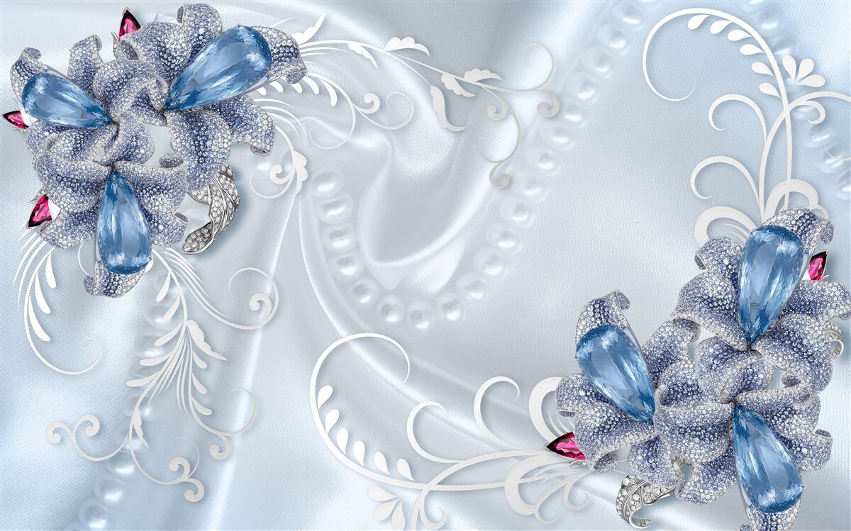 Papier peint fleurs exotiques tissées en argent précieux et pierres précieuses