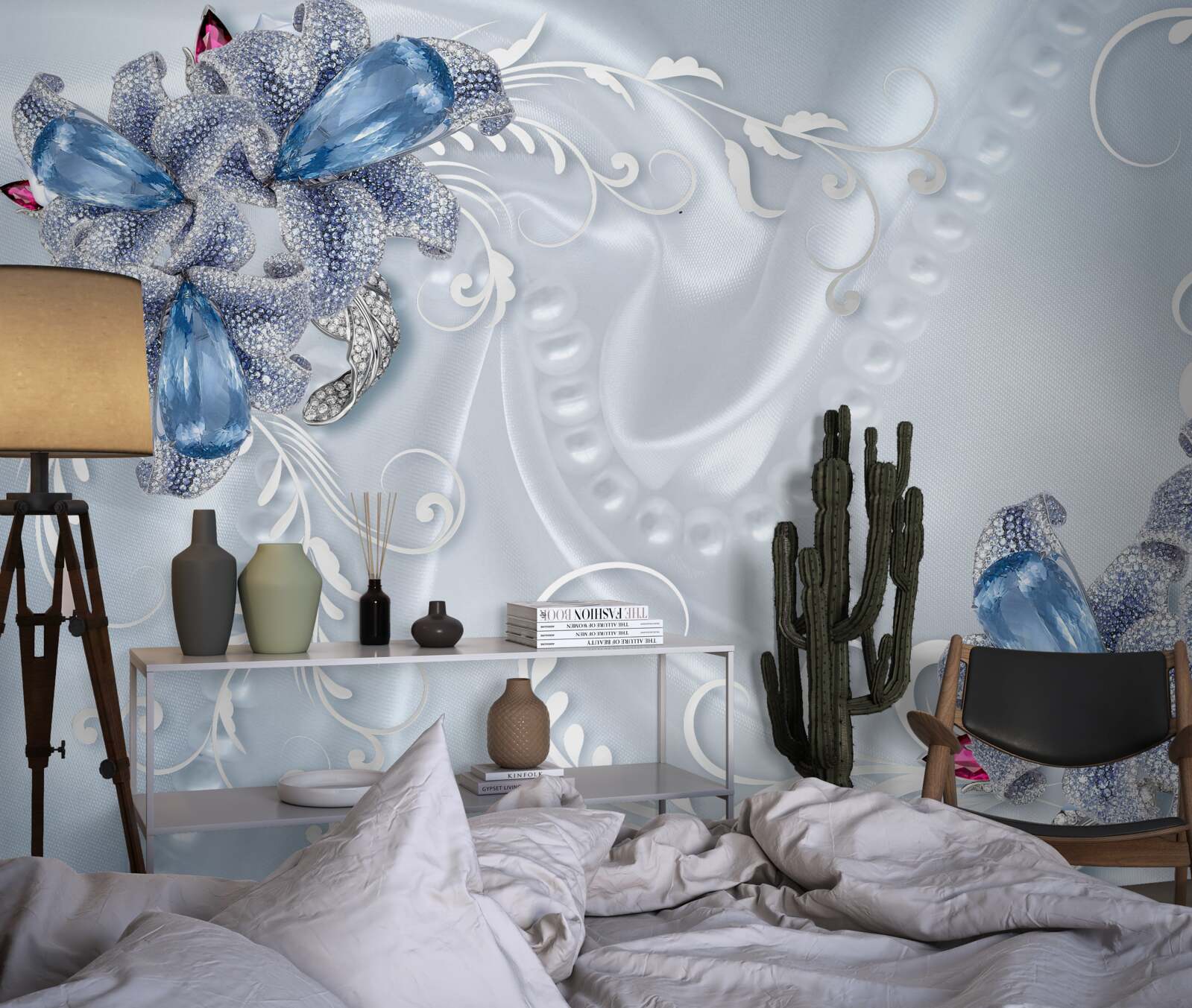 Papier peint fleurs exotiques tissées en argent précieux et pierres précieuses