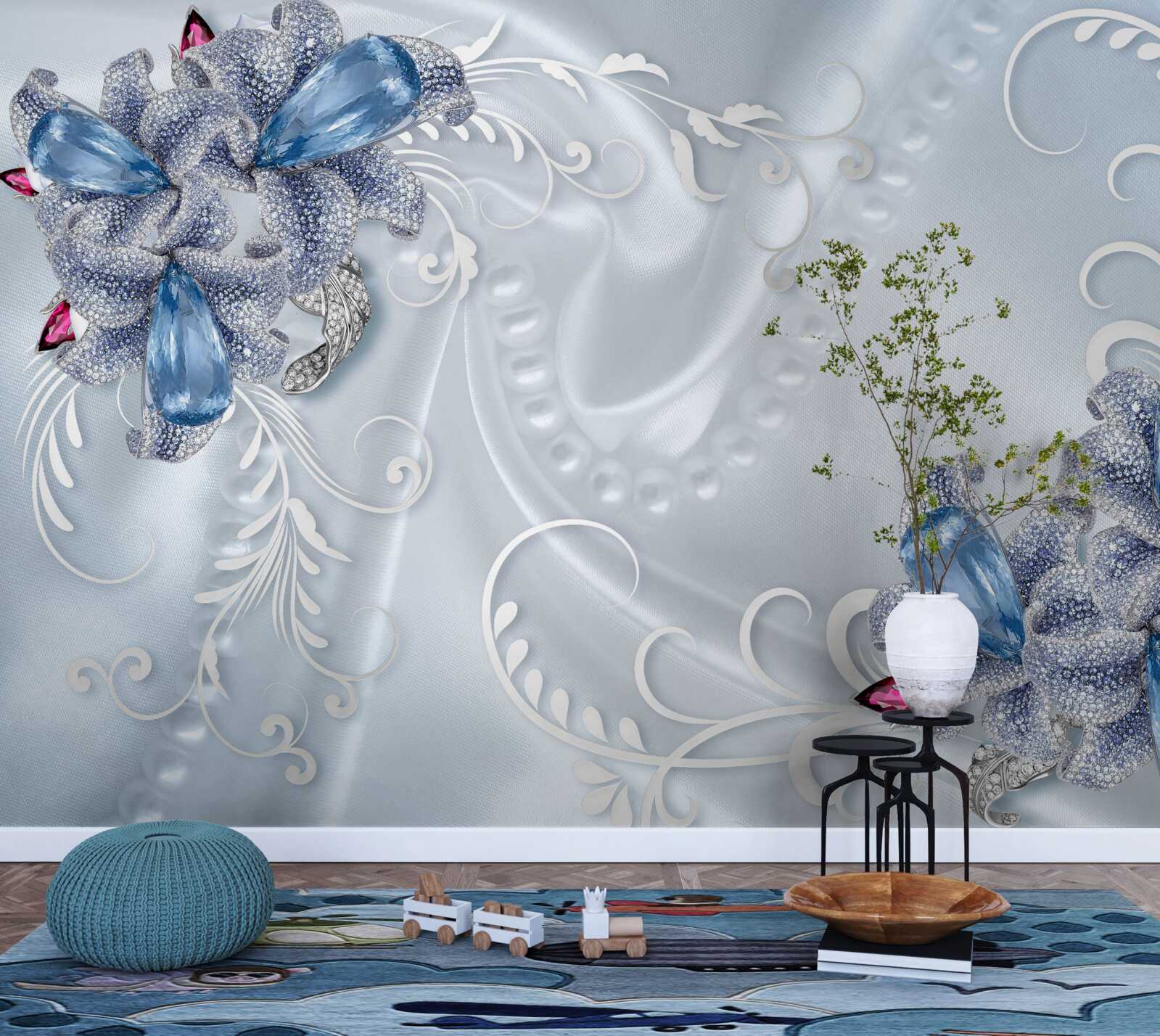 Papier peint fleurs exotiques tissées en argent précieux et pierres précieuses