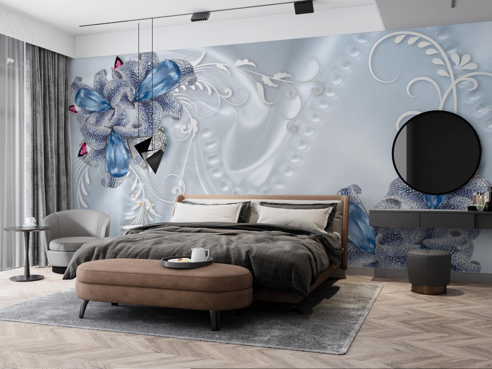 Papier peint fleurs exotiques tissées en argent précieux et pierres précieuses