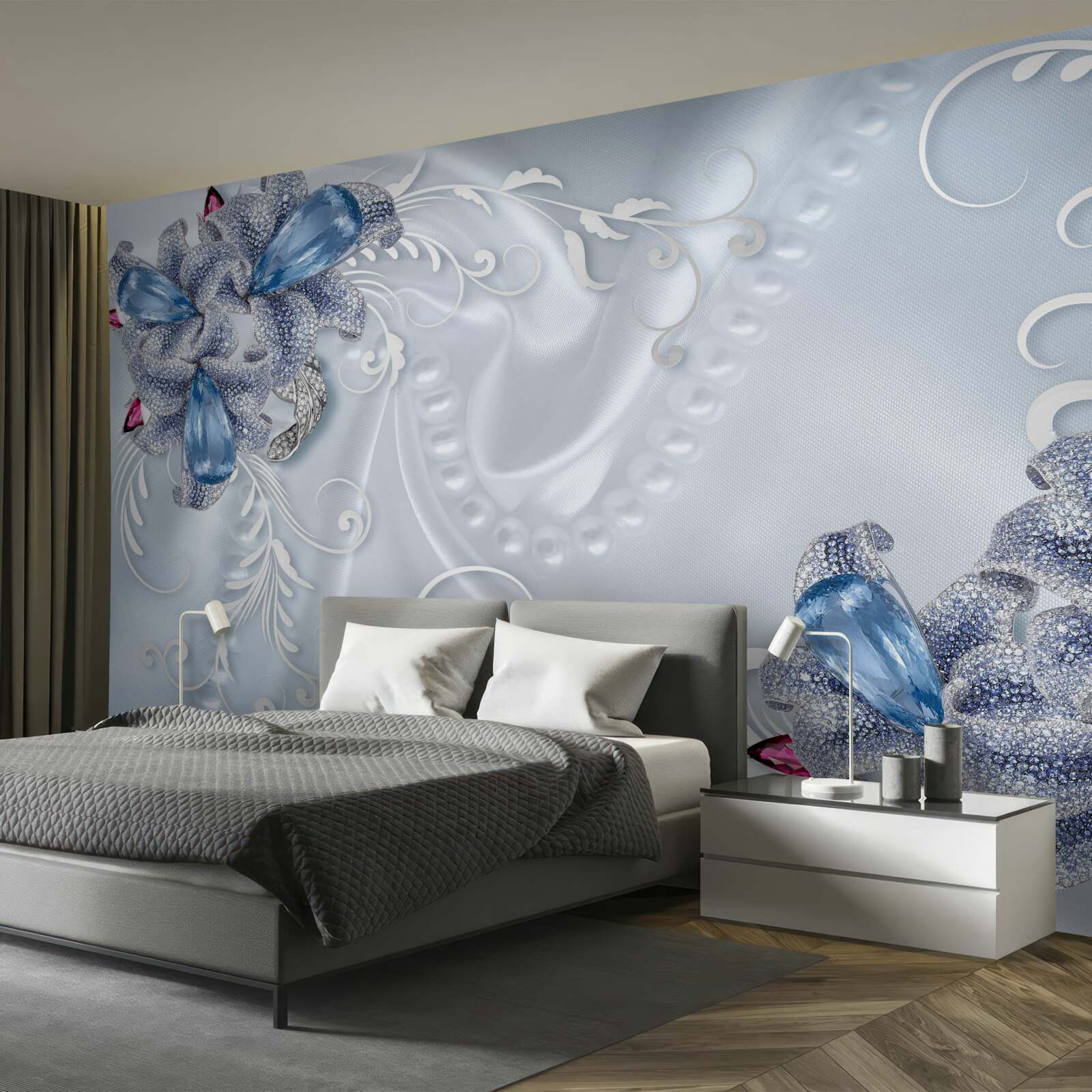 Papier peint fleurs exotiques tissées en argent précieux et pierres précieuses