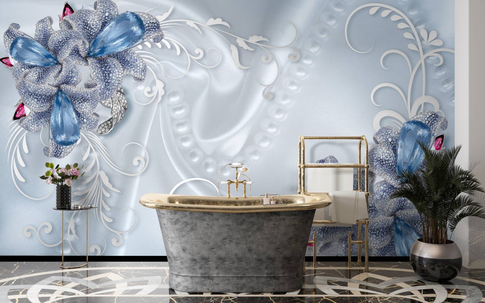 Papier peint fleurs exotiques tissées en argent précieux et pierres précieuses