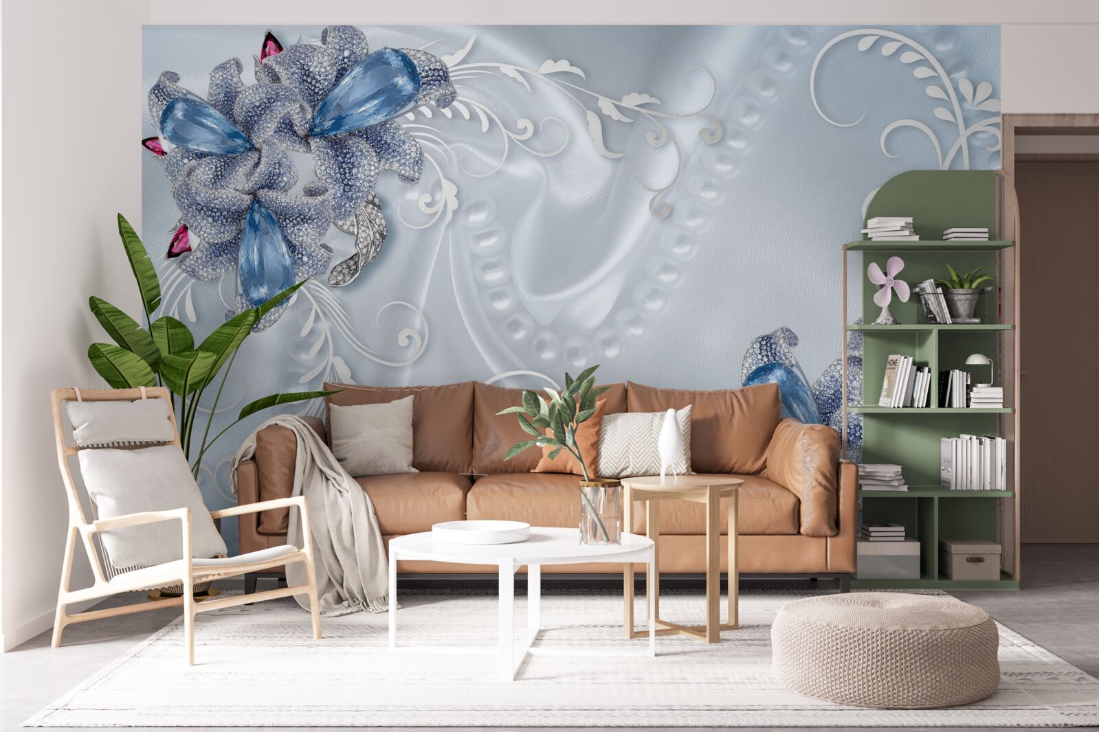 Papier peint fleurs exotiques tissées en argent précieux et pierres précieuses