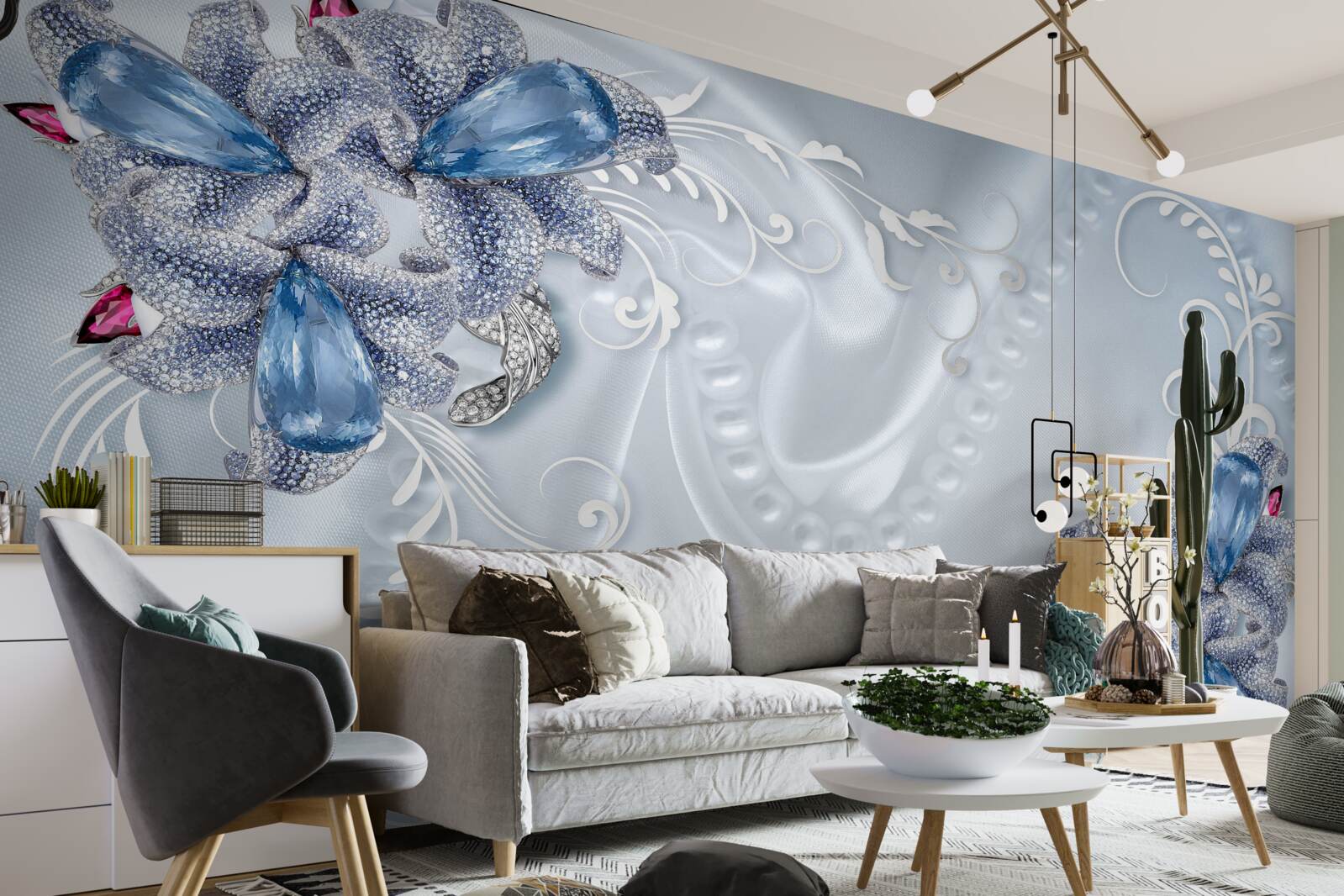 Papier peint fleurs exotiques tissées en argent précieux et pierres précieuses