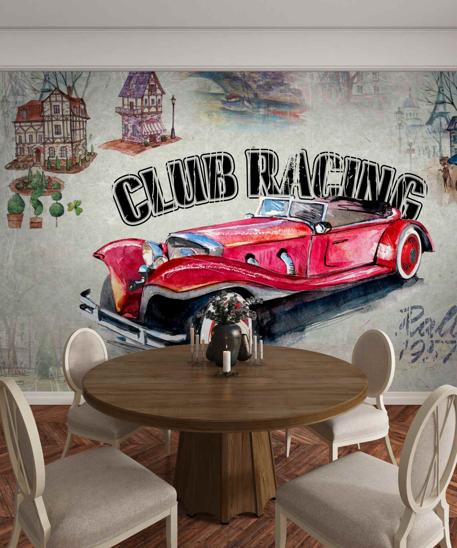 Papier peint voiture rouge d'antan