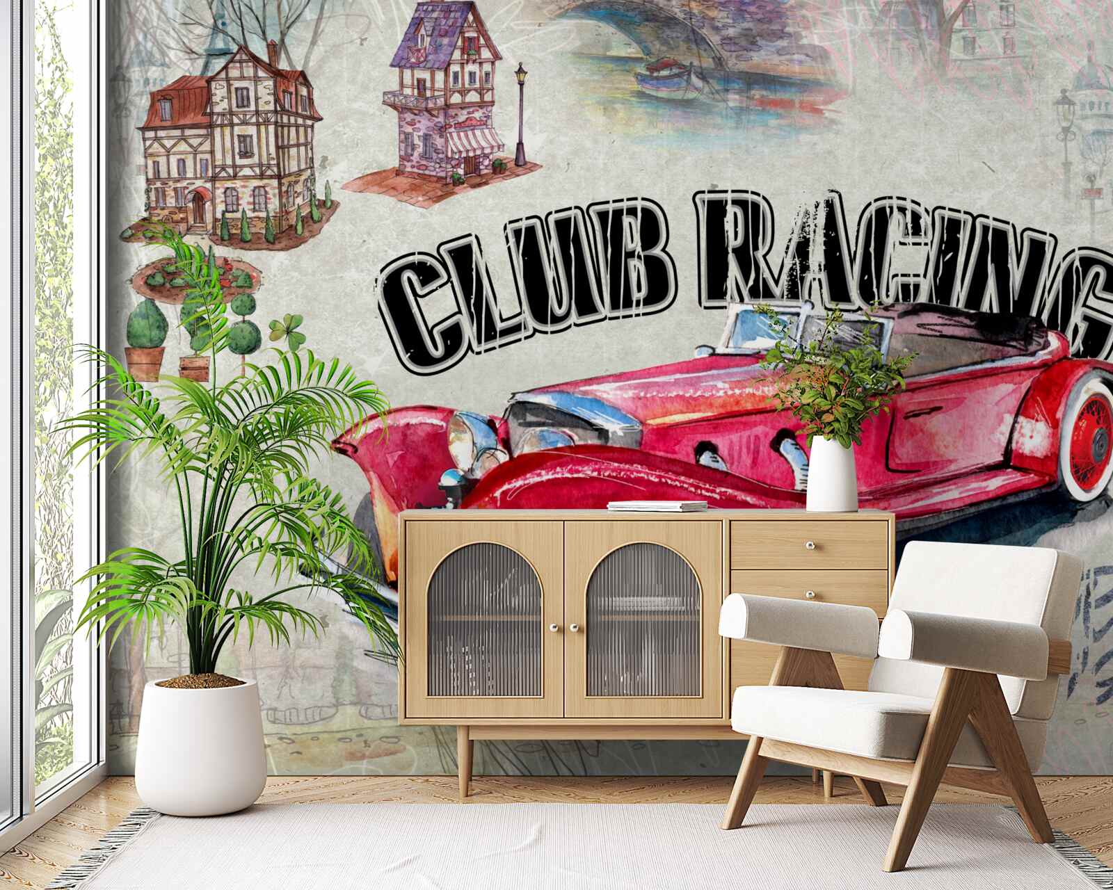 Papier peint voiture rouge d'antan