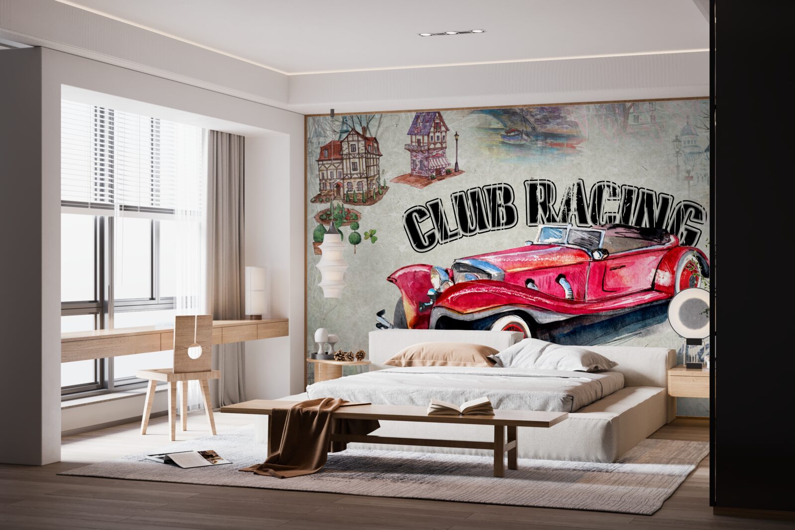 Papier peint voiture rouge d'antan