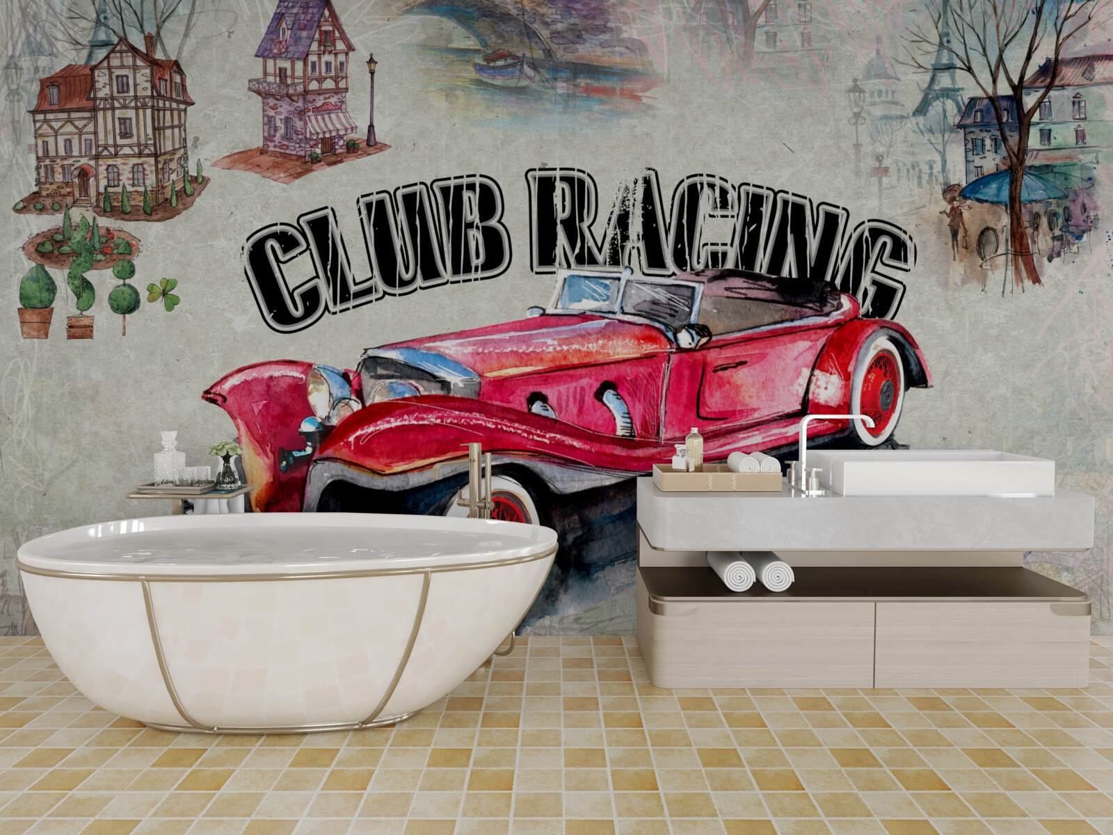 Papier peint voiture rouge d'antan