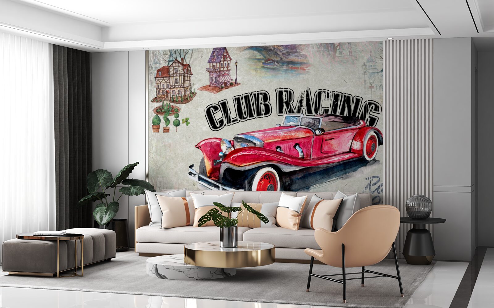 Papier peint voiture rouge d'antan